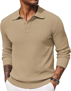 Mens Knit Polo Shirts Long Sleeve Casual Polo Sweaters Shirt Waffle Textured Collared Sweater
