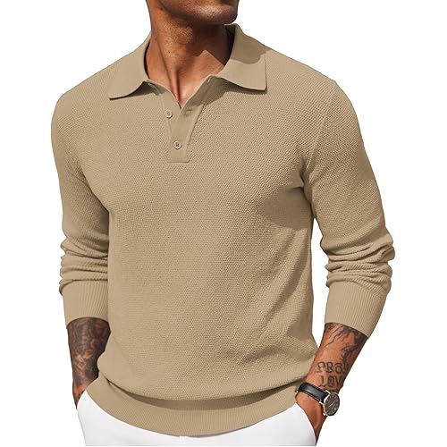 COOFANDY Mens Knit Polo Shirts Long Sleeve Casual Polo Sweaters Shirt Waffle Textured Collared Sweater