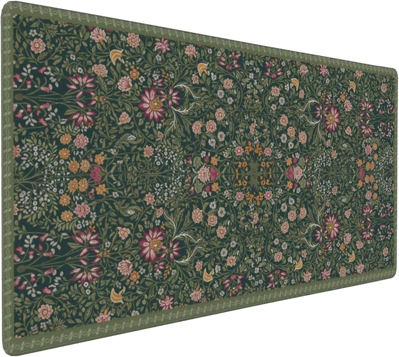 Dark Green Floral XXL Desk Mat, Extra Large Mouse Pad with Anti-Slip Base & Stitched Edges for Women, Aesthetic Desk Pad for Home Office Computer, Keyboard Mat Office Supplies Decor