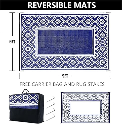 Miniatura 89 de HUGEAR Alfombra impermeable de plástico para exteriores, 5 x 8 pies, lavable, reversible, alfombra a rayas de arco iris, para camping, caravana