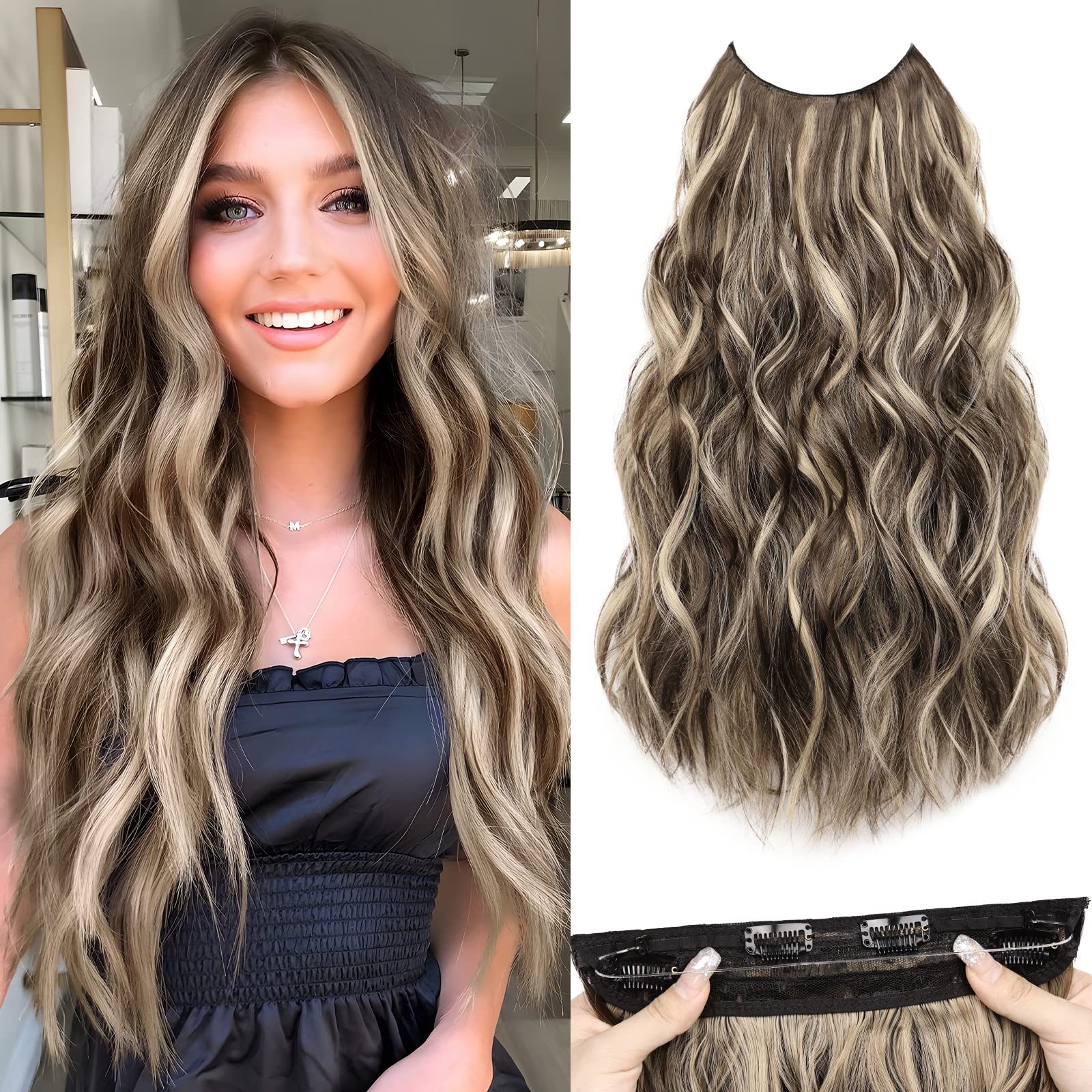 MORICA Invisible Wire Hair Extensions - 20 Inch Chocolate Brown Mix Ash Brown Long Wavy Synthetic Hairpiece with Transparent Wire Adjustable Size, 4