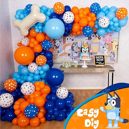 Miniatura 5 de Kit de arco y guirnalda de globos azules todo en 1 con hueso de perro  Globos azules pequeños y grandes para fiesta de cumpleaños en azul y naranja