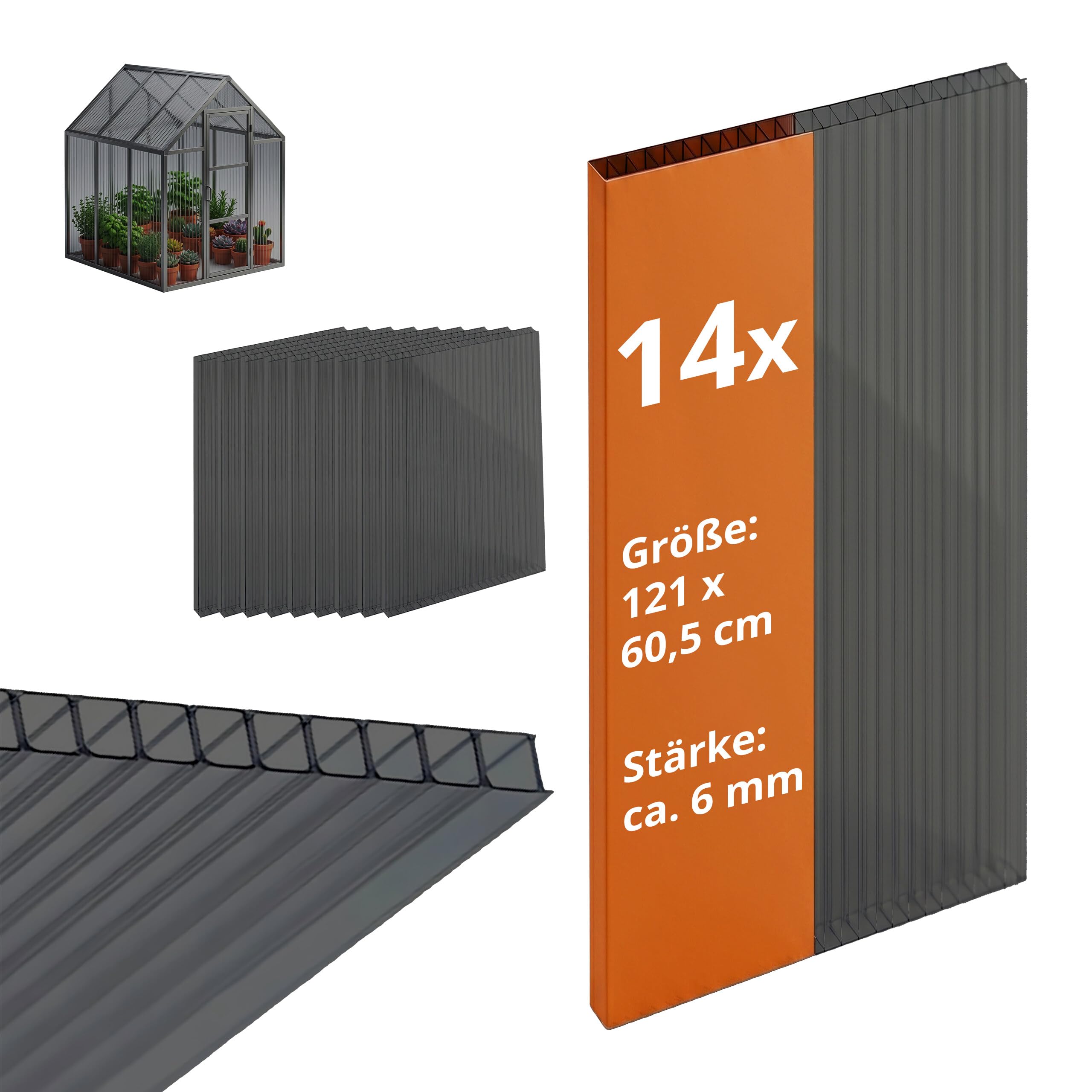 Relaxdays Doppelstegplatten 10er Set, Hohlkammerplatten 6mm, für Gewächshaus, HB: 121x60,5 cm, Polycarbonat, anthrazit