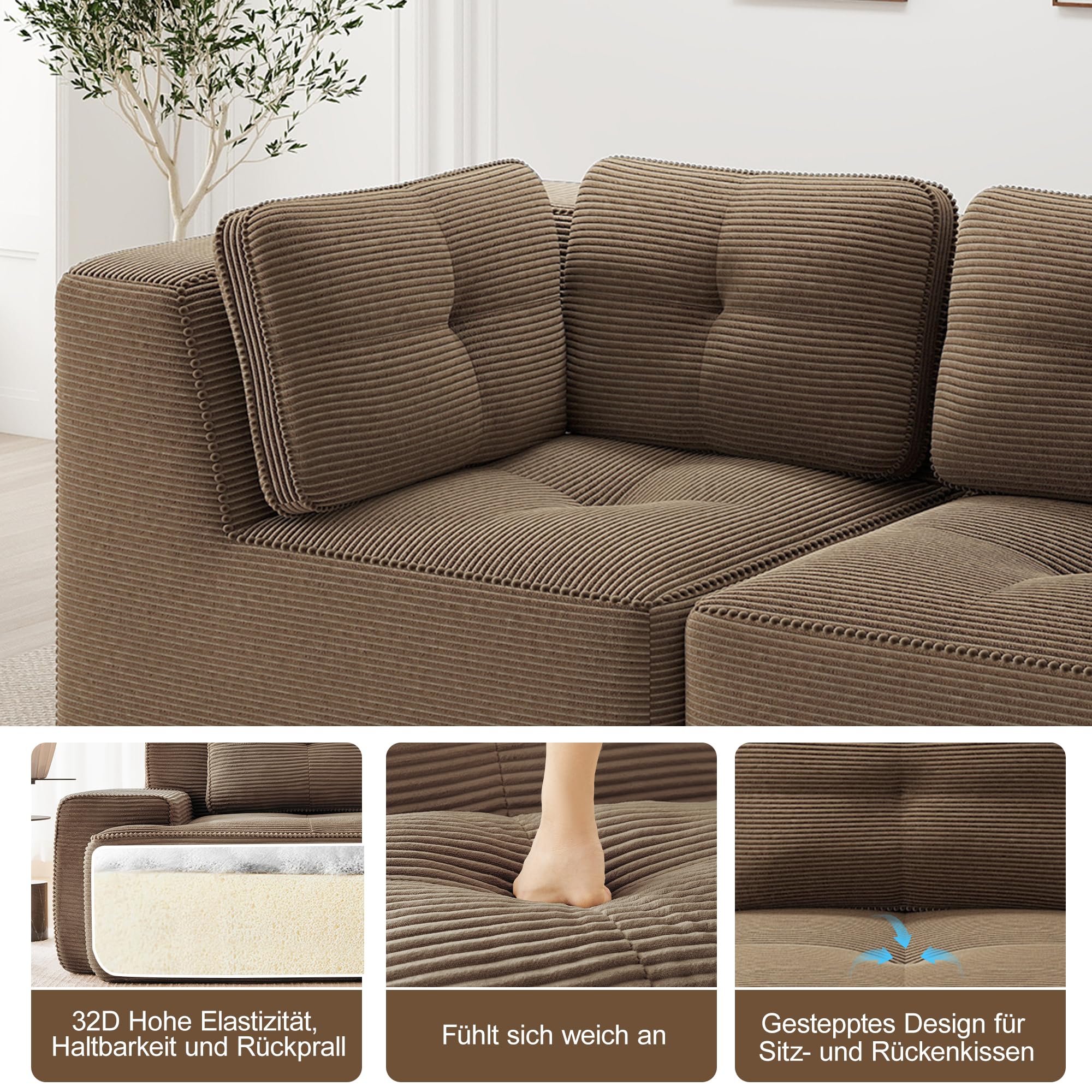 Modułowa sofa narożna w kształcie litery U, 3-osobowa, bez ramy, sofa z 2 otomanami, wykonana z wygodnego materiału sztruksowego, tapicerowana sofa do salonu i sypialni, brązowa