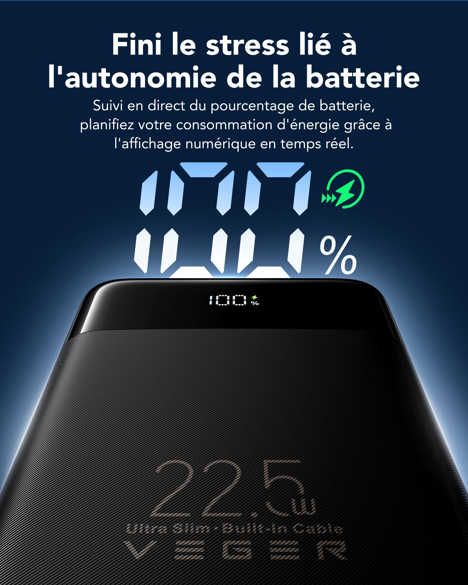 VEGER Batterie Externe 10000mah avec Câble Intégré, Power Bank 22.5W Charge Rapide Portable, Fin Compact Chargeur USB C avec écran LED, 4 Sorties et 3 Entrées, Compatible avec iPhone Huawei Xiaomi