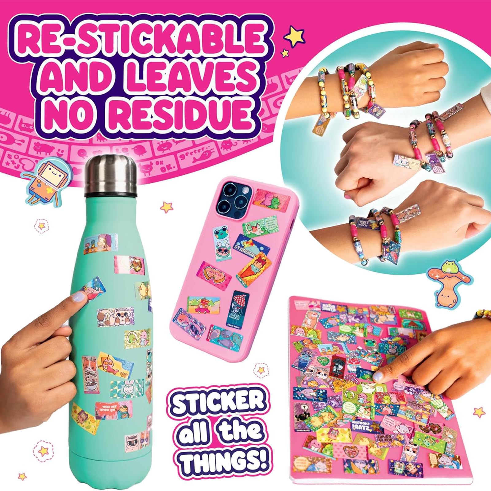 Sticky Rolls Bracelet, DIY Sticker Making Kit for Kids, Wearable Crafting Fun with 50pcs Random Sticker Bracelets, Creative Jewelry Making Set for Girls, Adjustable Bangles for Kids 3