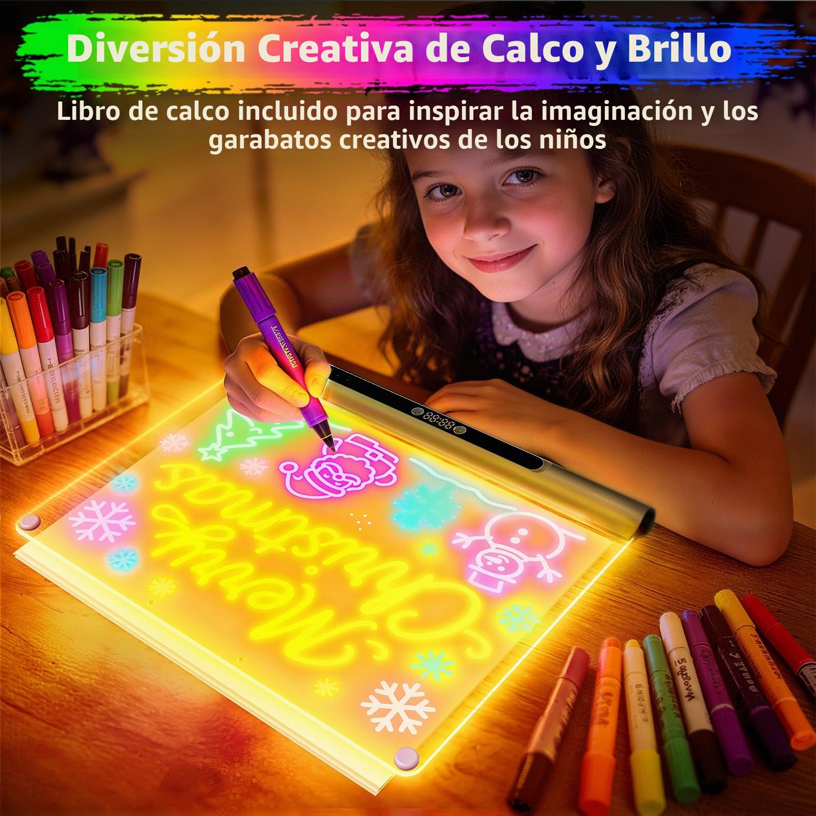 Cuadro luminoso LED recargable 41 cm, 9 modos luminosos con temporizador y soporte, pizarra acrílica neón borrable en seco, regalo Niño/Ado, 6 rotuladores y libro de modelos