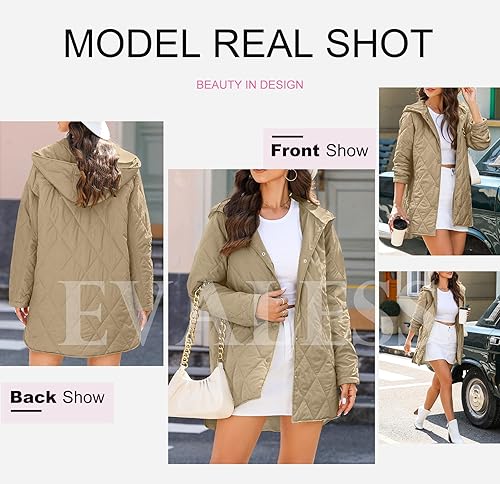 Vista 5 de EVALESS Chaquetas largas para mujer, abrigo de invierno de moda 2025 para mujer, chaquetas ligeras con capucha acolchadas de diamante, casuales