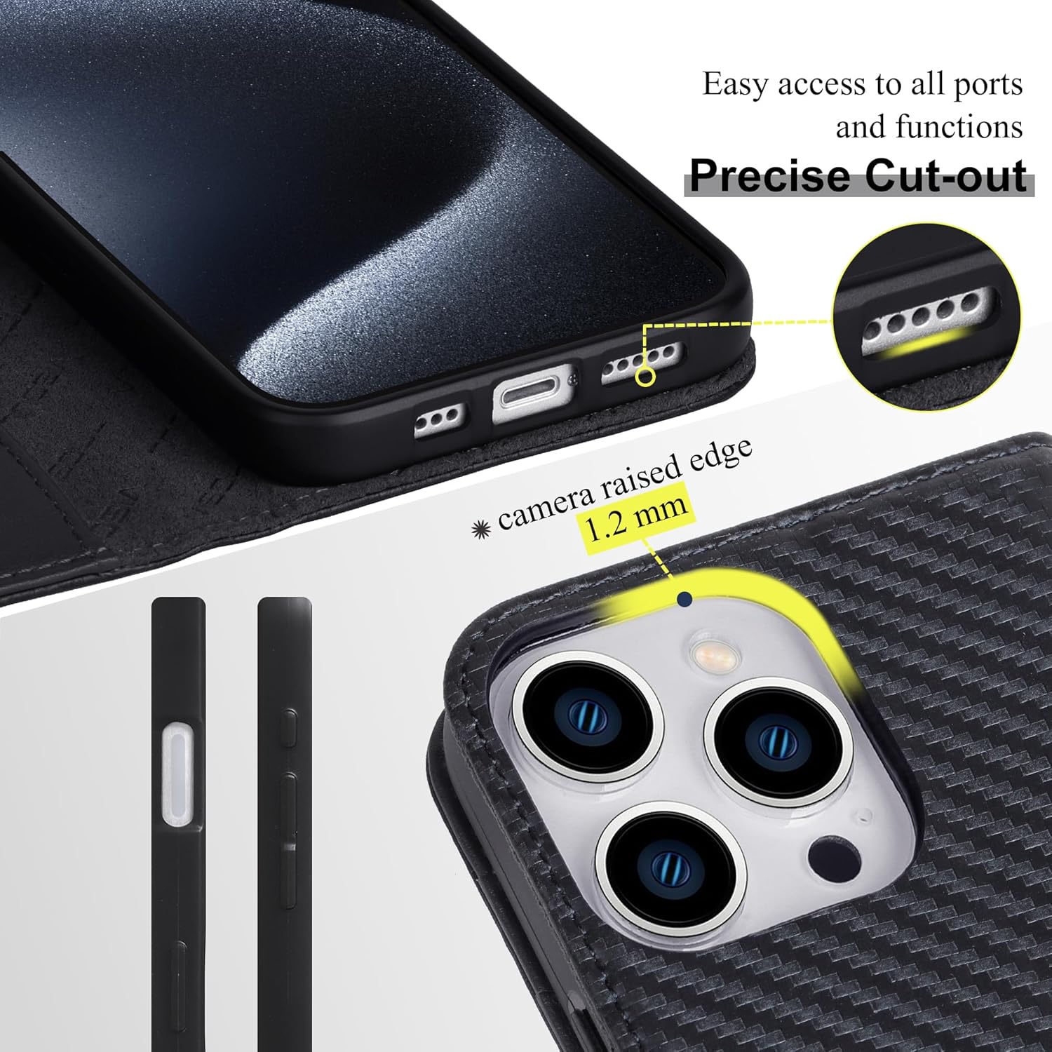 VISOUL Case for iPhone 16 Pro Max Wallet Case, Carbon Fiber Leather Wallet Phone Case with Card Holder Kickstand Flip Folio Cover Compatible with iPhone 16 Pro Max 6.9" (Black+Black)
