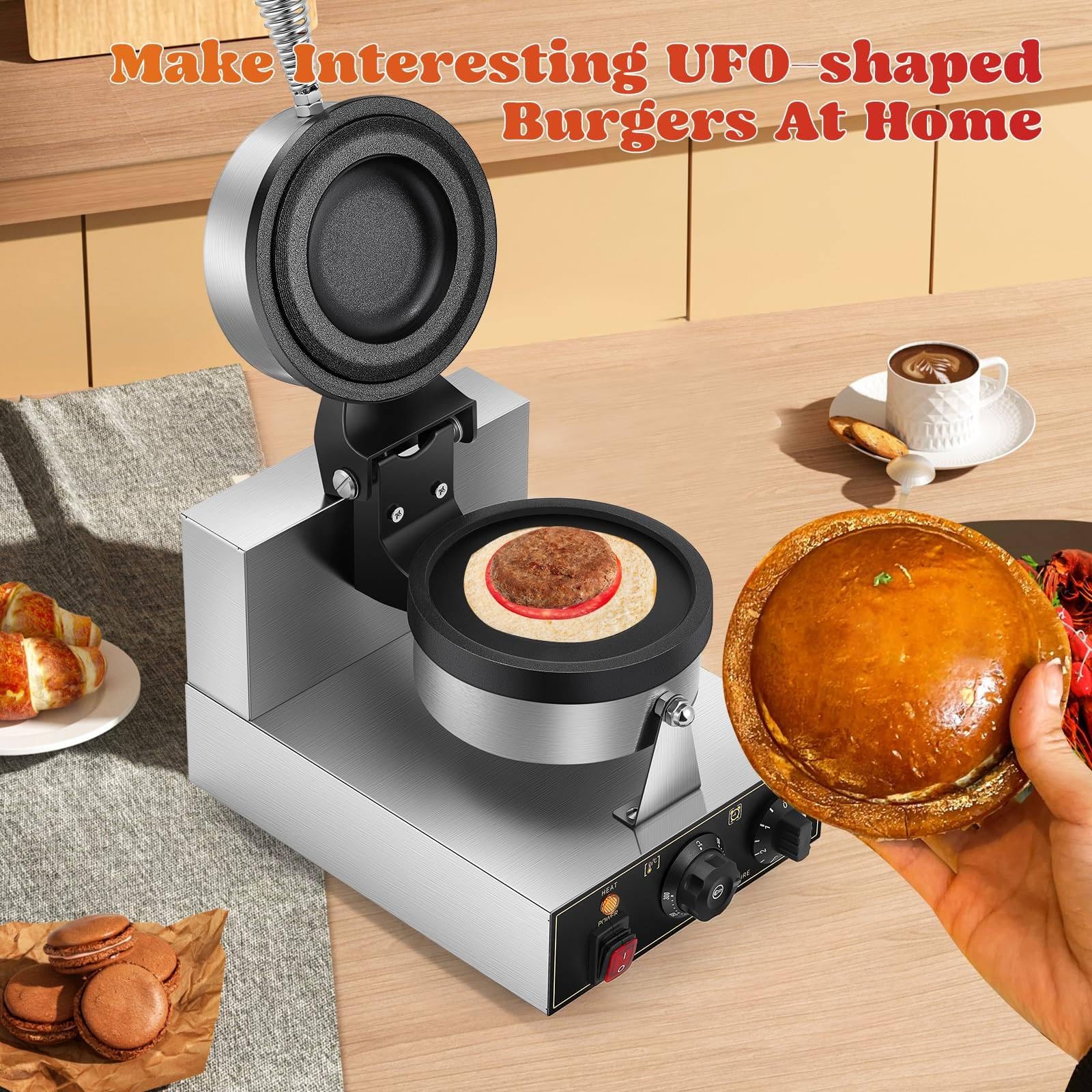 Elektryczna gofrownica, 1300W UFO Hamburger Maker, opiekacz do kanapek, komercyjna nieprzywierająca maszyna do robienia hamburgerów, regulowana temperatura 50-300℃ do domowego