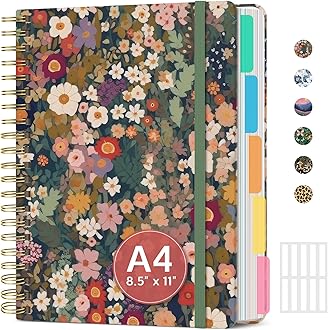 Large Spiral Notebook with Dividers & Tabs, 8.5" x 11" Hardcover 5 Subject Notebook for Work, 280 pages, College Ruled, Cute Journal for Women, Perfect for Study & Office Note Taking, Garden