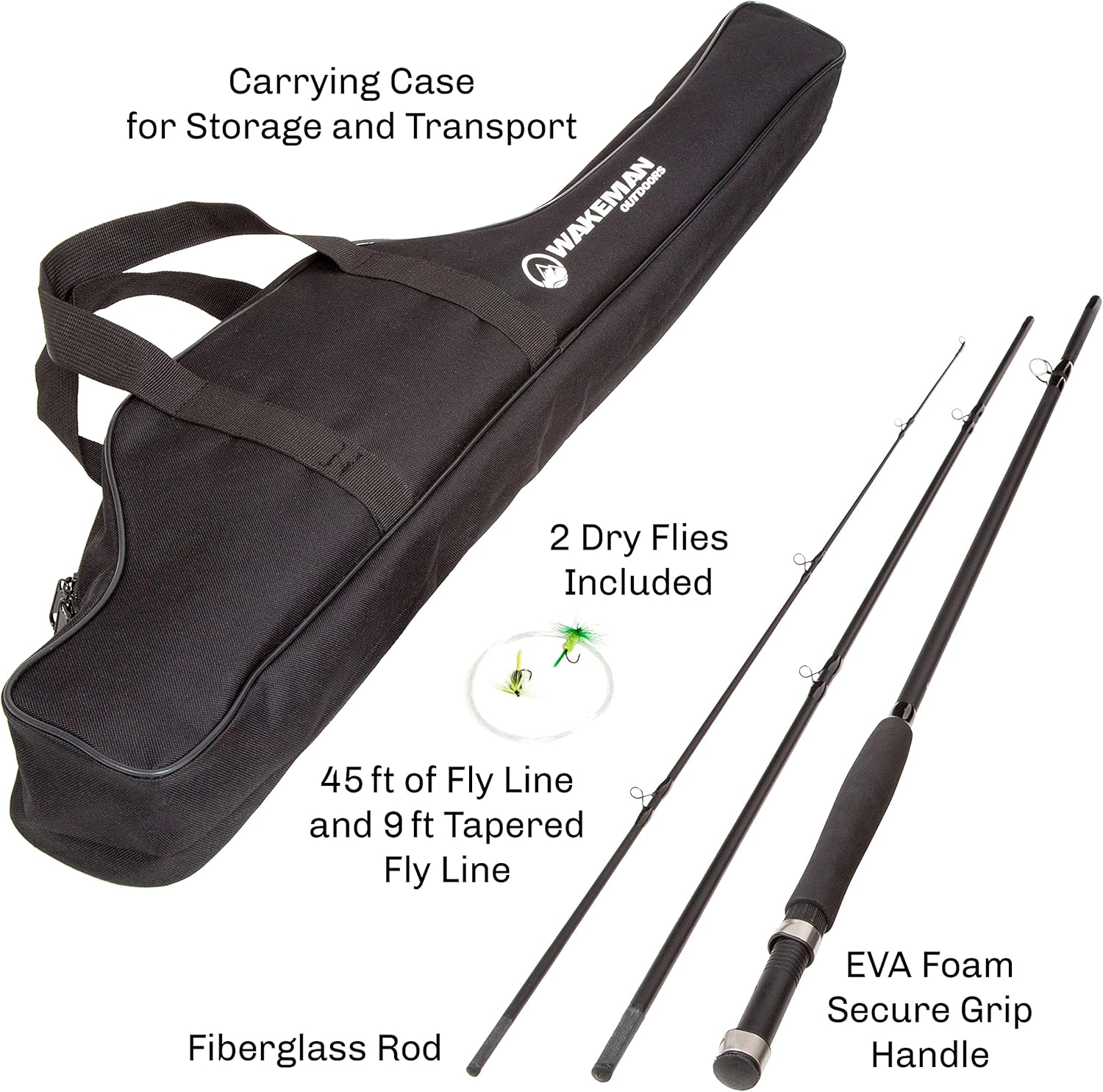 Fly Fishing Rod and Reel Combo - Including Carrying Case, Flies, and Fishing Line - Charter Series Gear and Accessories by Wakeman (Black)