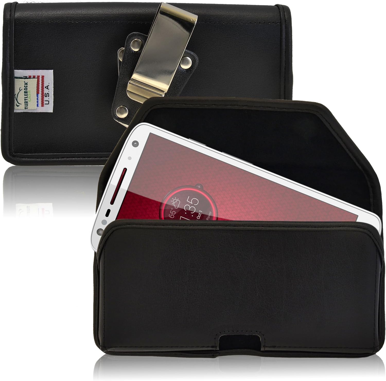 Turtleback Belt Case Made for Motorola Droid Turbo 2 Black Holster Leather Pouch with Heavy Duty Rotating Ratcheting Belt Clip Horizontal Made in USA