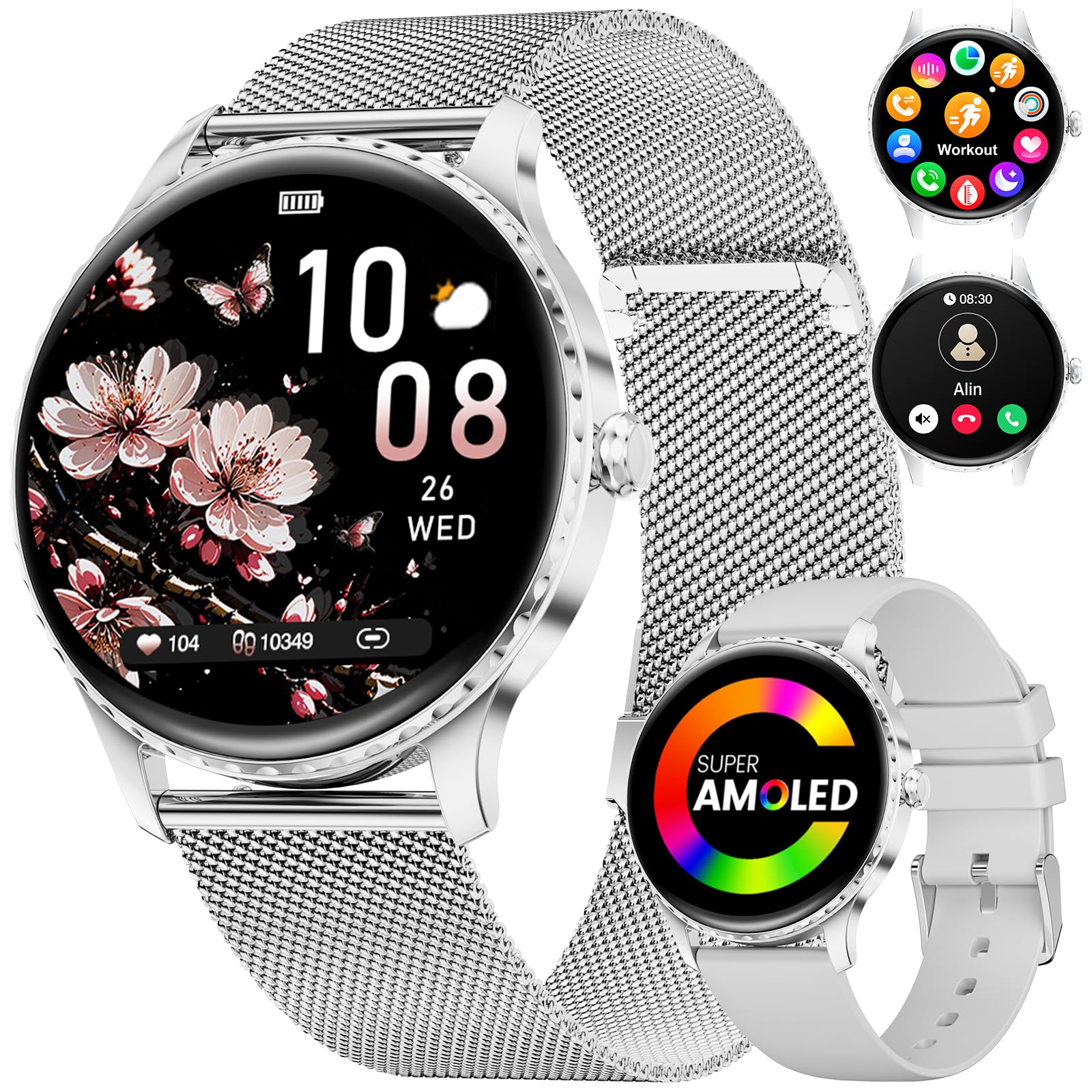 Smartwatch Donna Rotondo,1.32" Amoled Display/Chiamate Bluetooth, Orologio Smartwatch con Fisiologia Femminile/Frequenza Cardiaca/Sonno, 110+ Modalità Sportive IP68 per iOS Android Argento