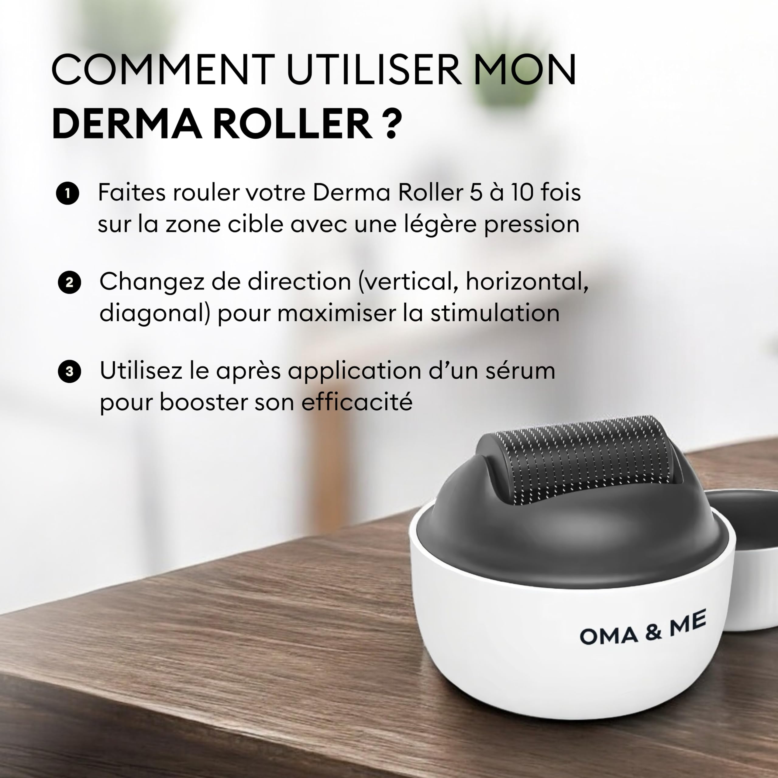 OMA & ME Derma Roller 0.5 mm - Stimule la Pousse des Cheveux Naturellement, Favorise la Croissance du Cuir Chevelu - Microneedling 1200 Micro-Aiguilles - Soin, Routine Capillaire Anti-Chute