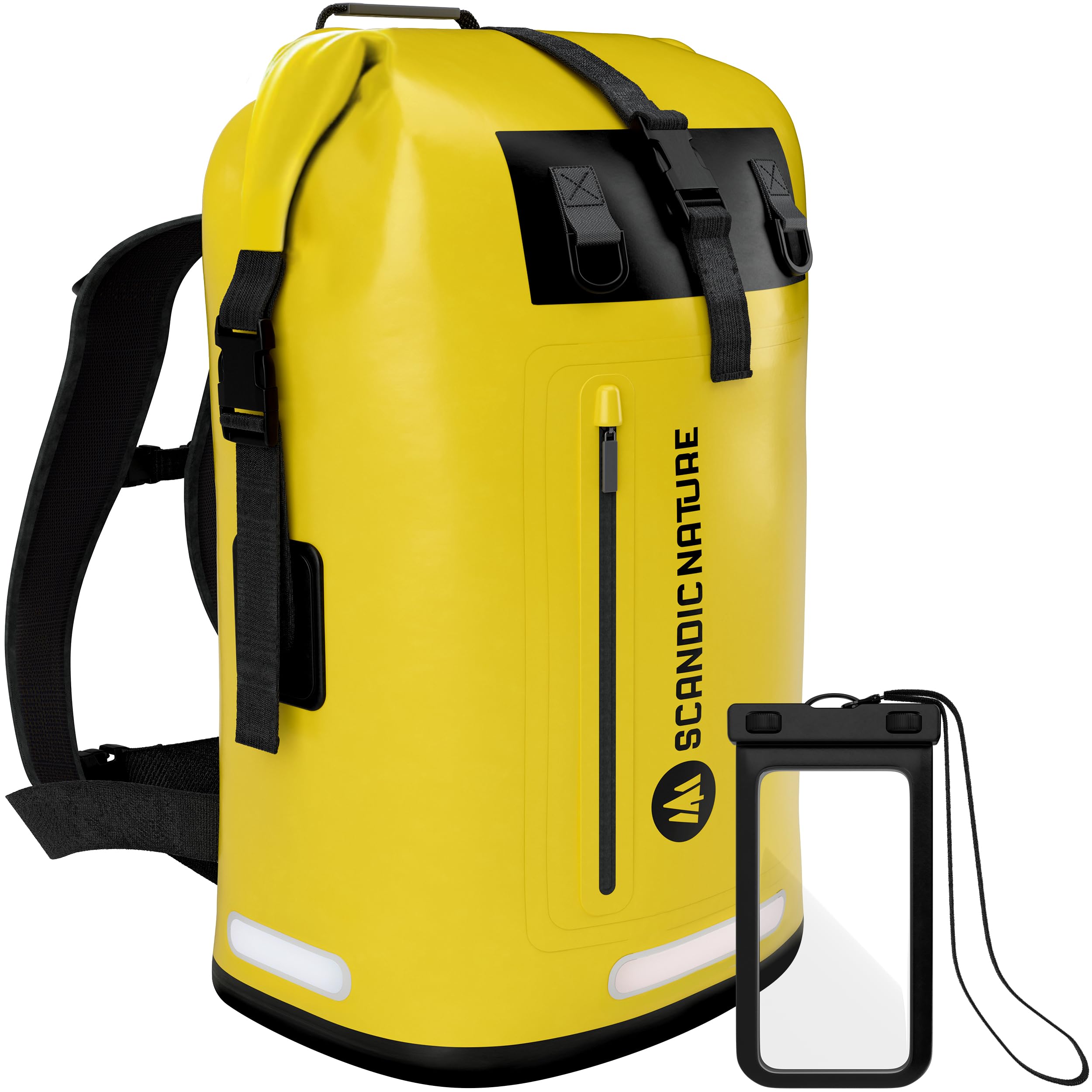 PIONEER wasserdichter Rucksack mit Rolltop Verschluss 35L 55L schwarz gelb oliv-grün - extra robust dank Boden mit 1000D PVC LKW-Plane, 3 Reflektor-wasserfeste IPX8 Handyhülle