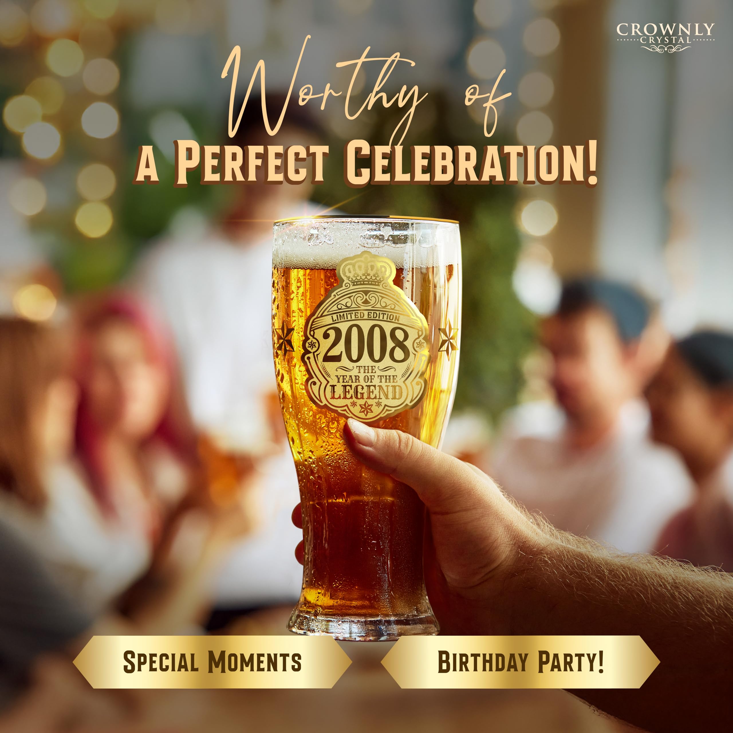 CROWNLY CRYSTAL® 2008 Regalo 18 Anni Ragazzo Bicchieri Birra 570 ml Bicchieri Personalizzati Decorazioni Compleanno 18 Biglietto Auguri 18 Anni Regalo Compleanno Uomo Regalo Amica Regalo Amico