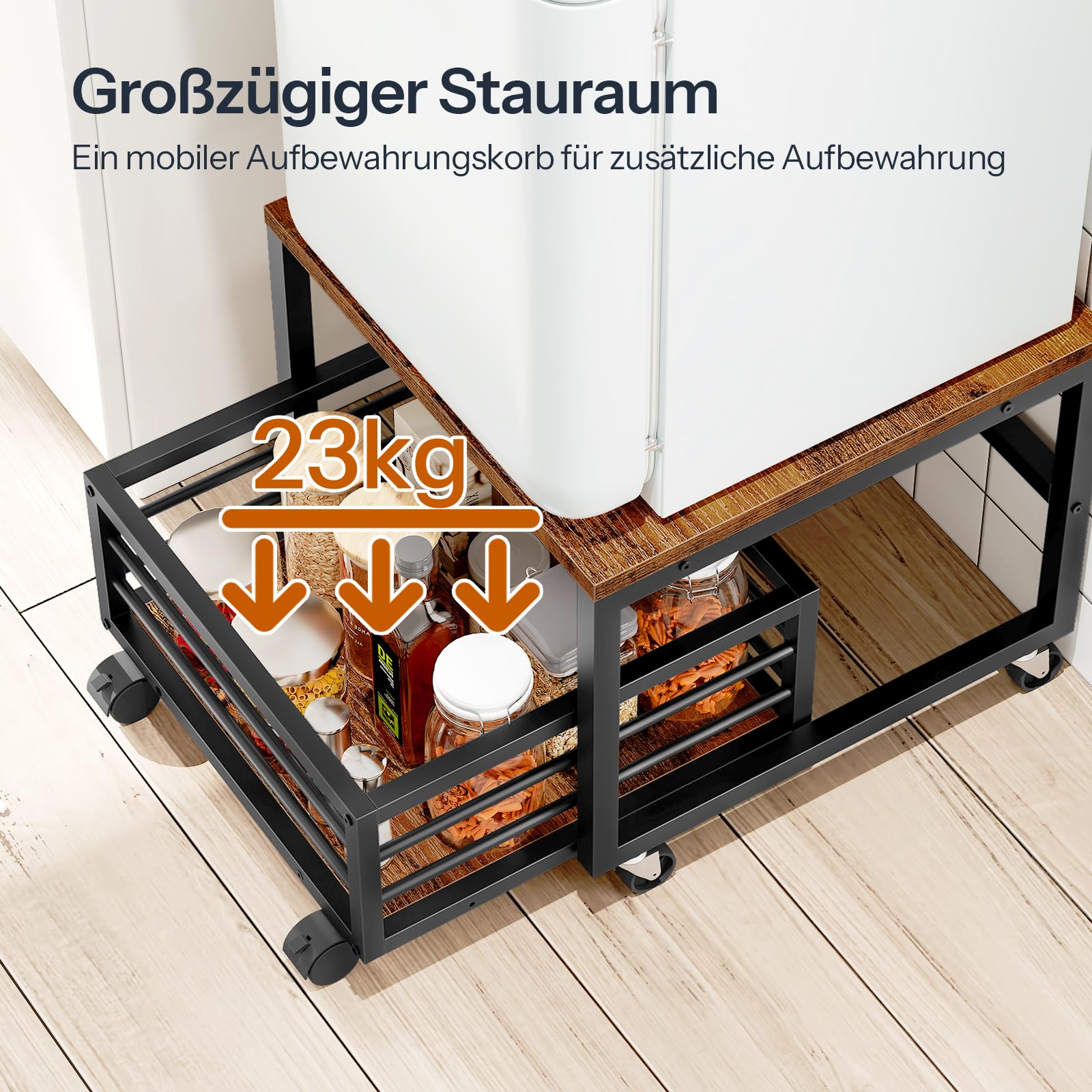 HOOBRO Mini-Kühlschrankständer mit beweglichem Korb, Rollen und verstellbaren Füßen, Kühlschrank Unterschrank, Vintagebraun Schwarz