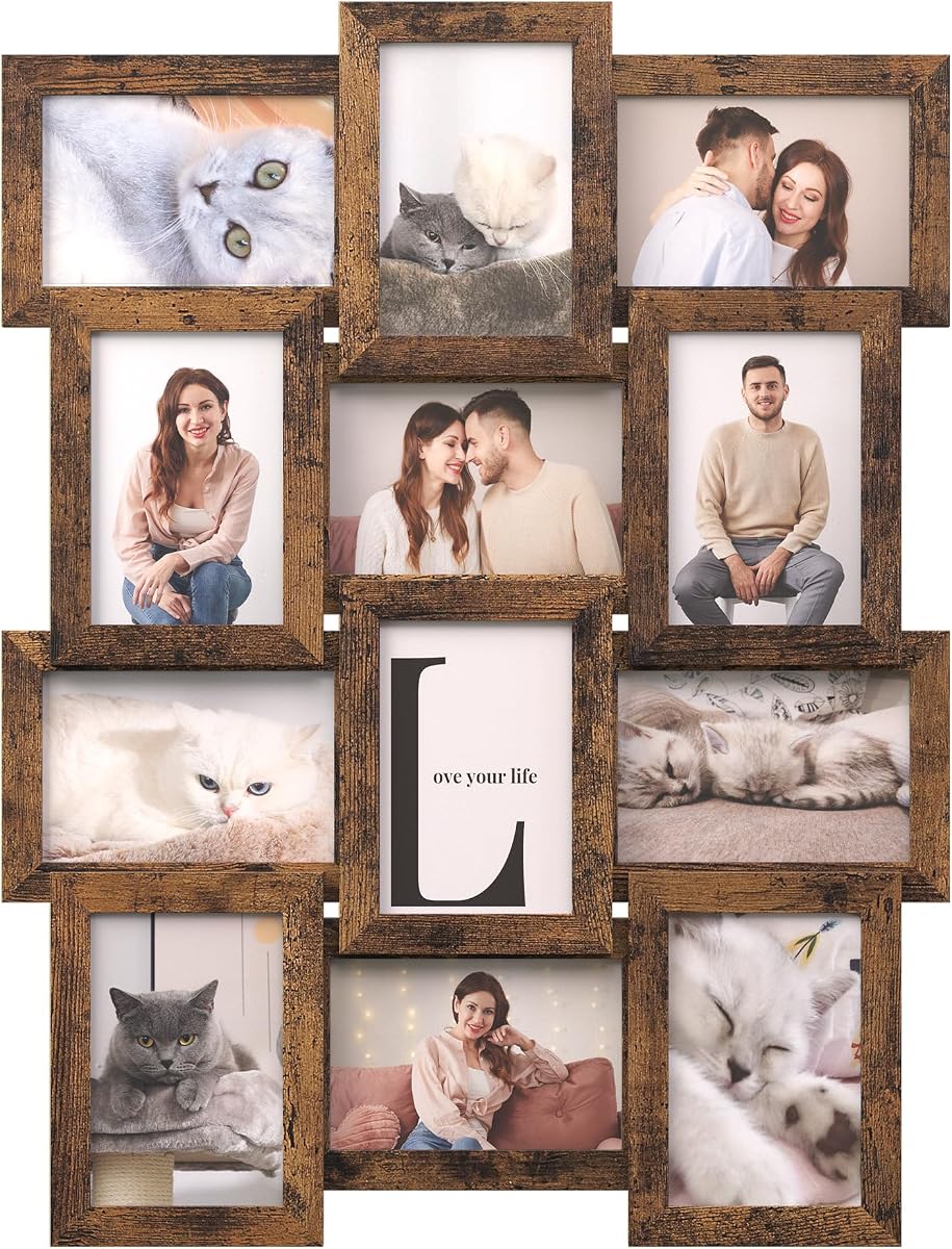 Marcos de fotos de collage SONGMICS, 4 x 6 para decoración de pared, conjunto de 12 | Foto multifamiliar para decoración de galerías, pantalla colgante, vidrio rústico marrón y transparente, colección KAVI URPF026X01