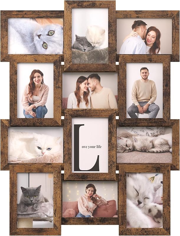 Marcos de fotos de collage SONGMICS, 4 x 6 para decoración de pared, conjunto de 12 | Foto multifamiliar para decoración de galerías, pantalla colgante, vidrio rústico marrón y transparente, colección KAVI URPF026X01