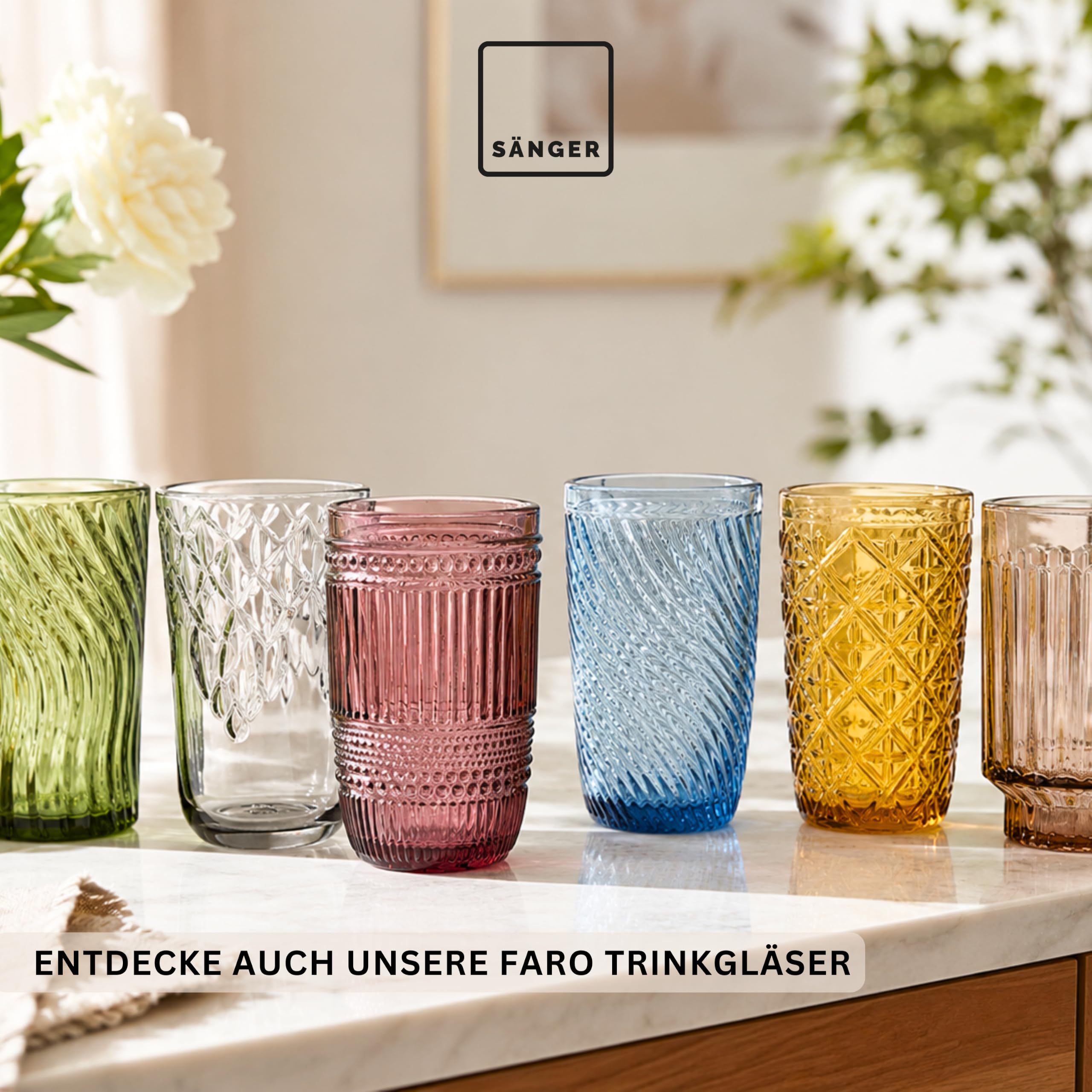 Sänger Trinkgläser Set Porto 6 teiliges Gläser Set für 6 Personen aus Glas, Wasserglas, Mehrfarbig, einzigartiger Schliff, Alltag, Familienessen, Büro, Outdoor Saftgläser Set | 310 ml