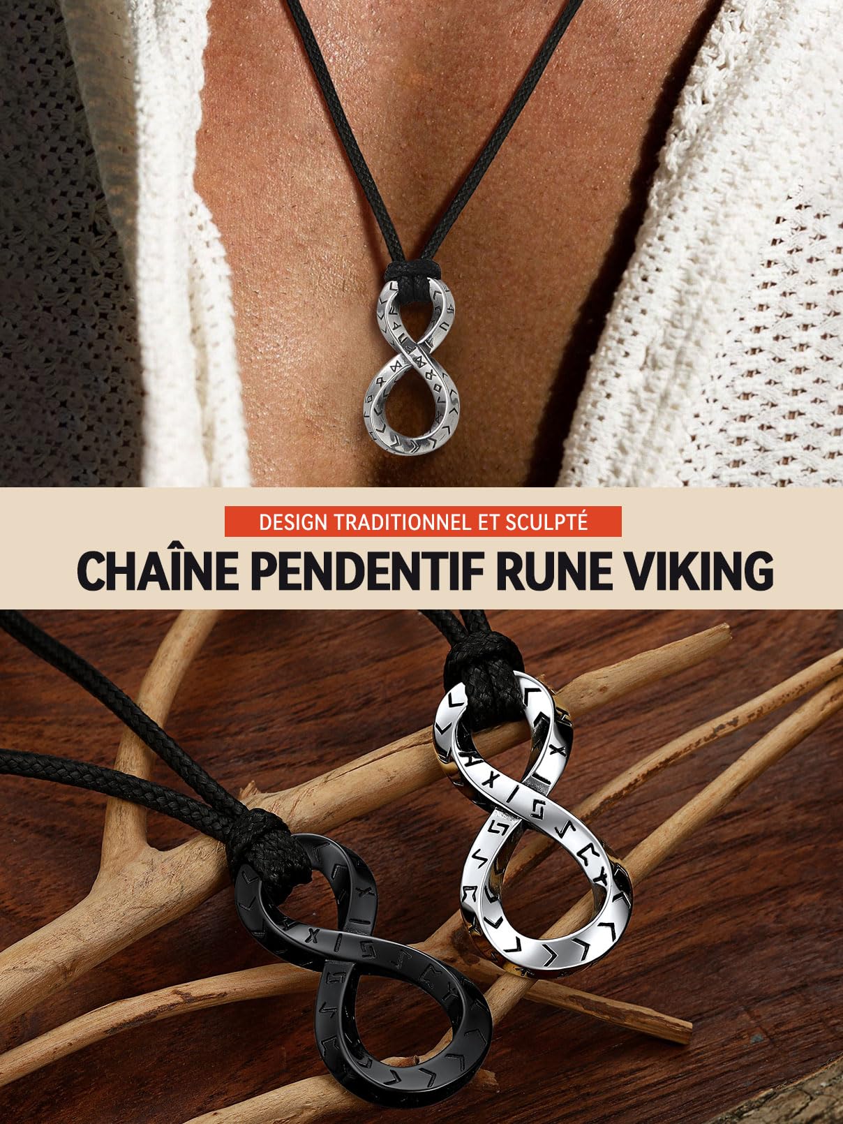 FaithHeart Collier Viking Homme, Pendentif Anneau de Möbius Acier Inoxydable, Cordon Cuir Pendentif Runique Rond/Triangle/Infini/Barre/Troll, Bijoux Amulette Porte Bonheur