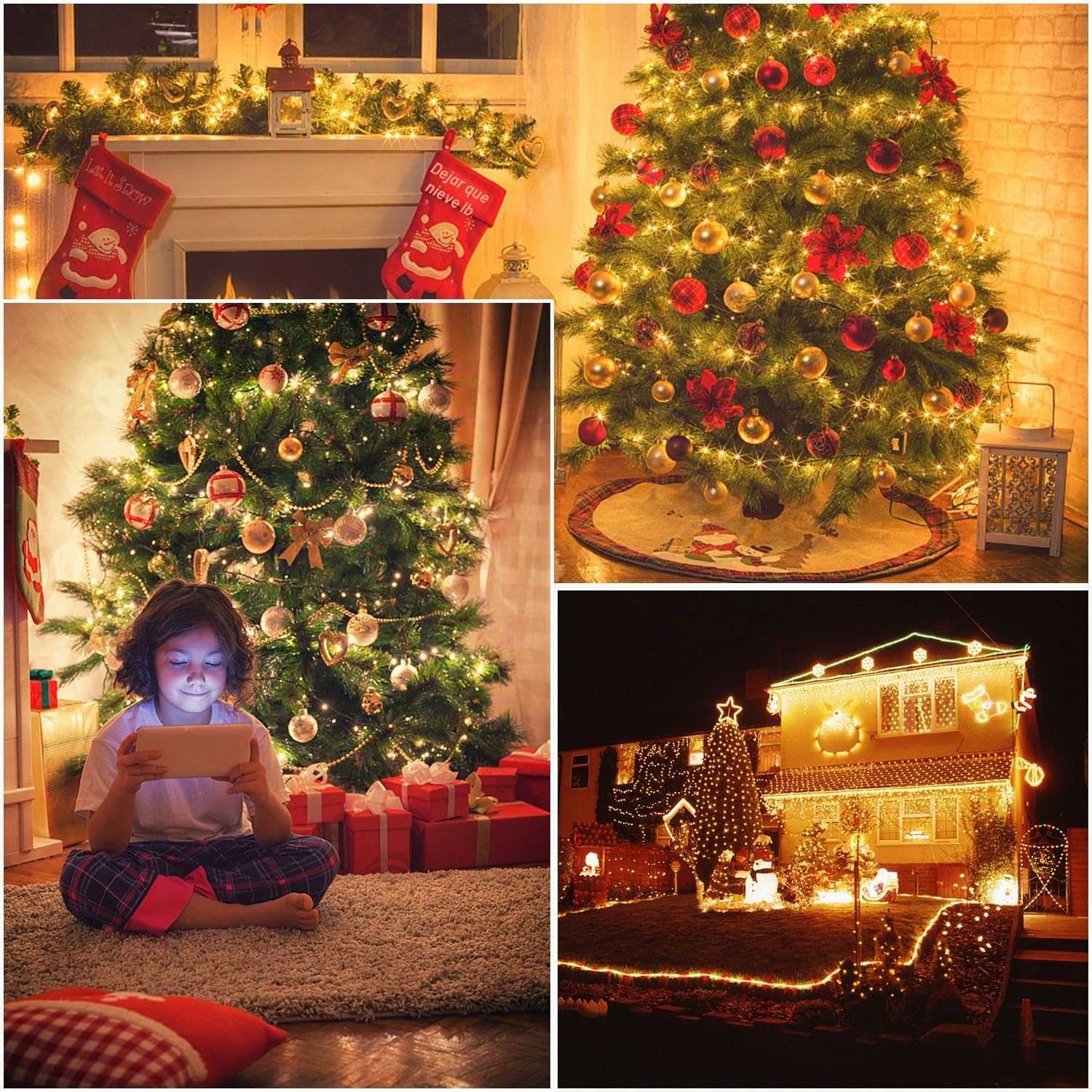 Quntis Luces Navidad Exterior 100M 1000LEDs, Blanco Cálido Luces Arbol Navidad Interior con 8 Modos Impermeable IP44 y Función Memoria, Cadena Luz Decoración para Fiestas Jardín Balcón Boda