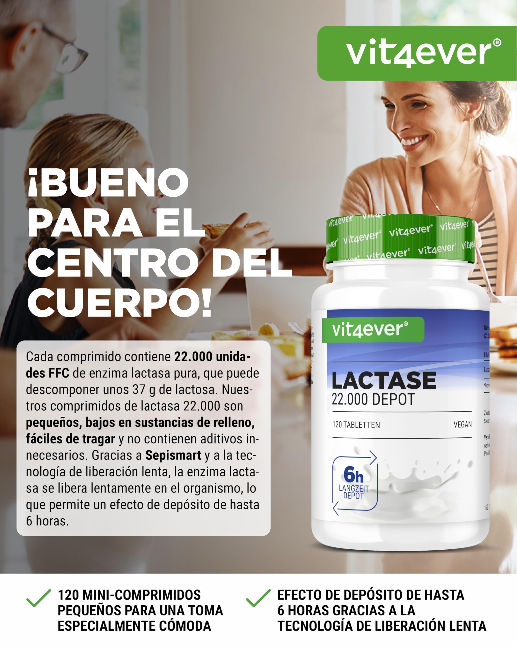Lactasa 22.000 Depot-120 comprimidos con efecto depot (Sepismart®de liberación lenta) FCC-Para intolerancia a la lactosa+intolerancia a la leche-Sin aditivos indeseables