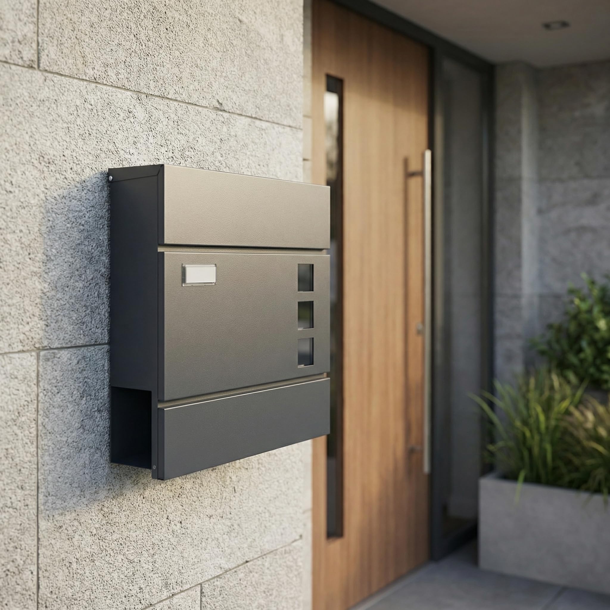 BASI | Briefkasten mit Softclose Klappe, Sichtfenster & Namensschild | DIN A4 Einwurf | inkl. 2 Schlüssel | integriertes Zeitungsfach | H37 x B37 x T10,4 cm | anthrazit | Wandbriefkasten Postkasten