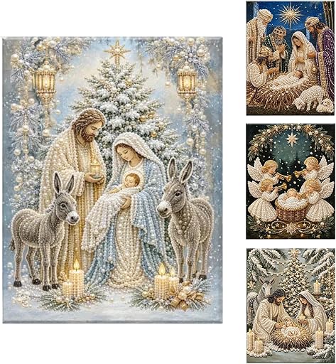 Nativity Scene Diamond Painting Kit, 5D DIY Jesus Pearl Art Kit for Adults, Jesus Christ & Religious Christmas Wall Decor with Frame, Christian Mosaic Craft Kits for Home Wall 12X16 in (Nativity A)