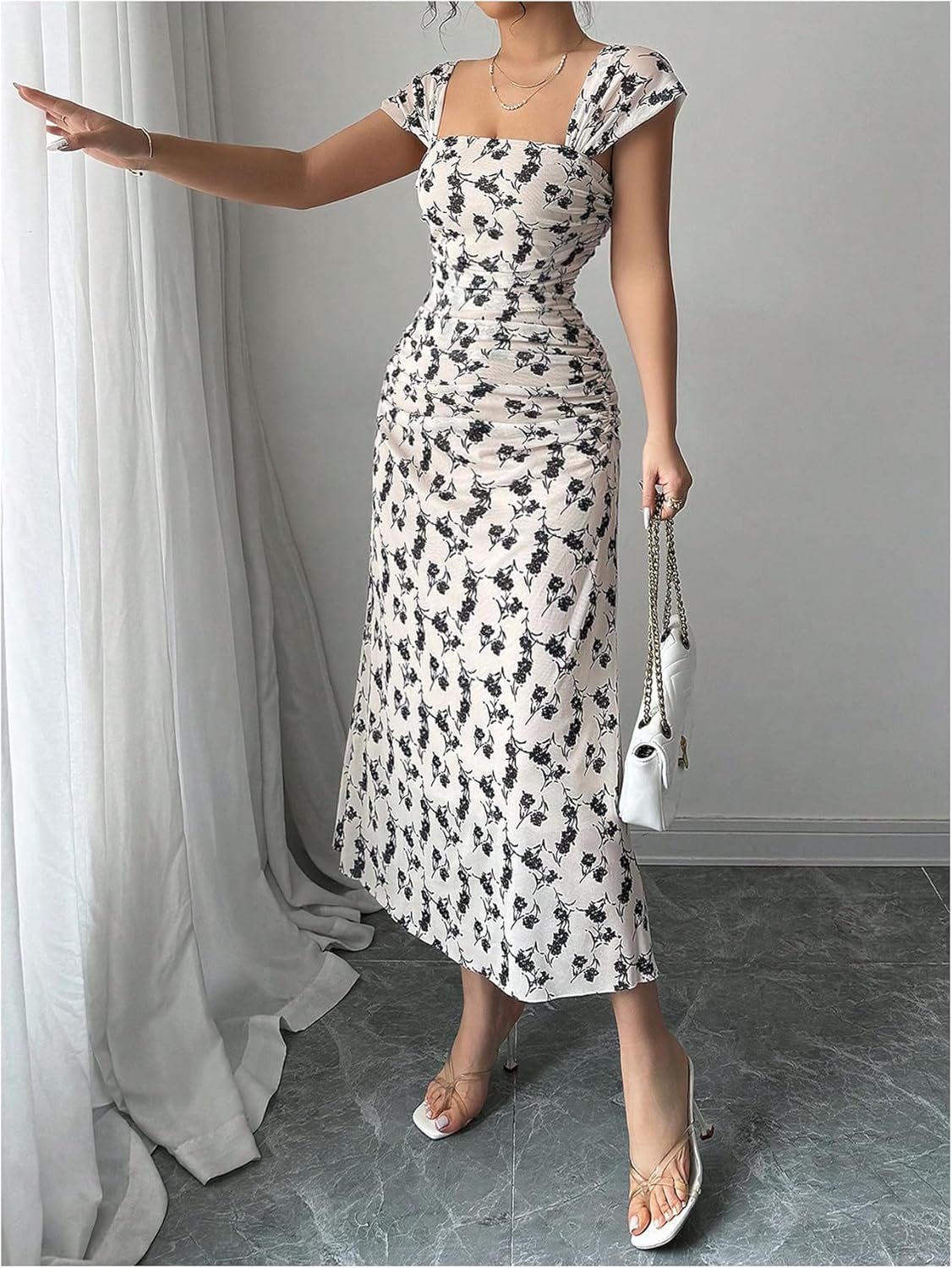 GORGLITTER Women's Floral Bodycon Maxi Dress Elegant Summer Mesh Off The Shoulder Ruched Split Wedding Guest Dresses - Image 3