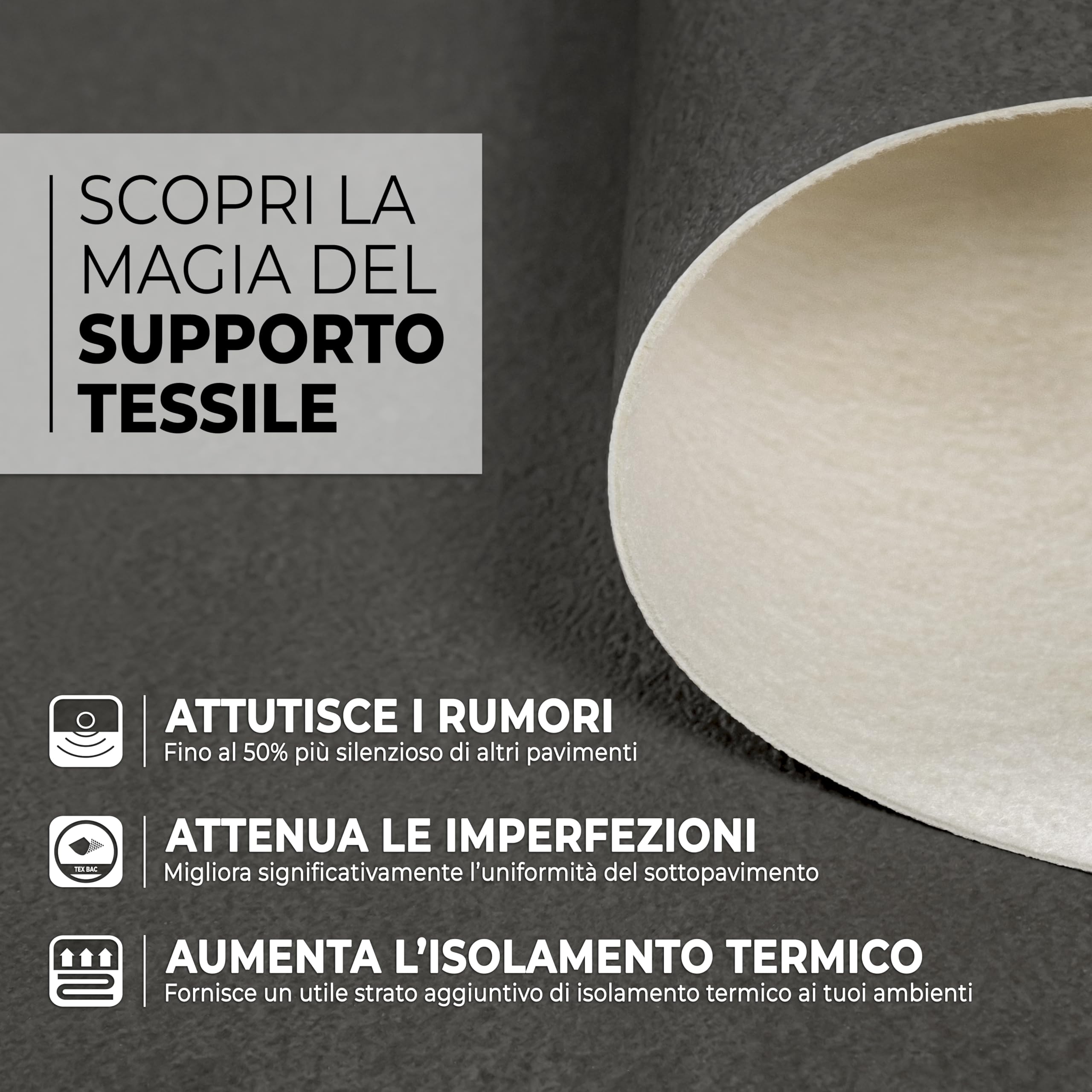 GIURI TESSUTI - Pavimento in PVC - Collezione Prestige - Rivestimento per superfici in Vinile Impermeabile con texture Antiscivolo e supporto Insonorizzante (H. 200 cm, LUNAR DARK)