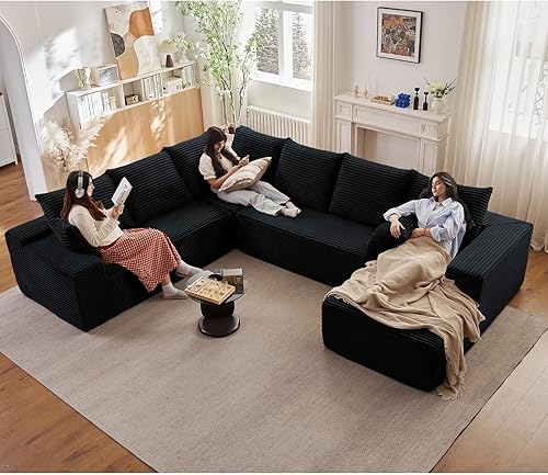 Miniatura 3 de Sofá seccional en forma de nube con chaise en L, sofá modular moderno y cómodo con asiento profundo, sofás tapizados en corduroy de forma U Negro