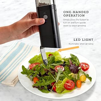 Kamenstein USB Rechargeable Gravity Feed Grinder, Filled With Peppercorns, Black