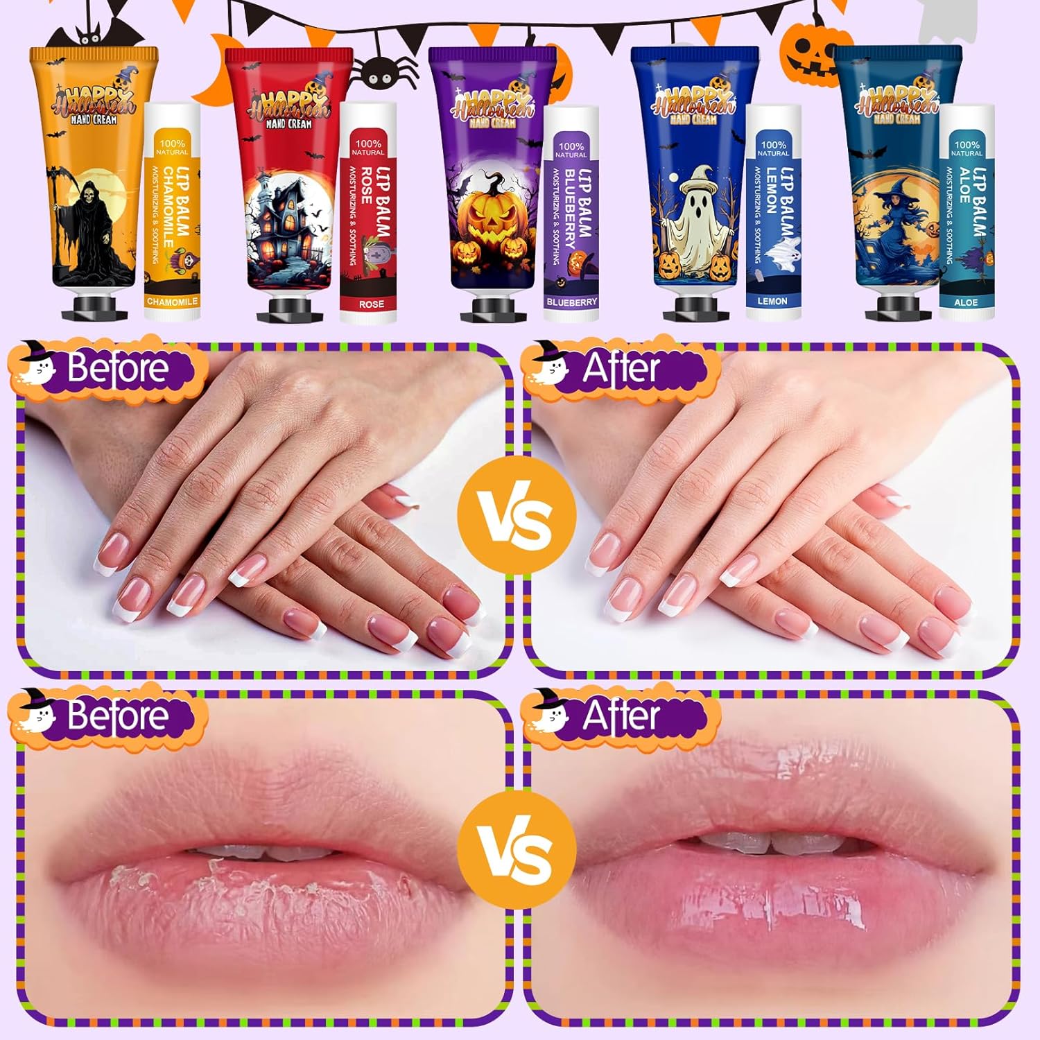 50 Pack Halloween Hand Cream and Lip Balm Set, Bulk Halloween Gifts with Halloween Cards and Organza Bag, Halloween Decorations and Halloween Party Favors Goodies for Women