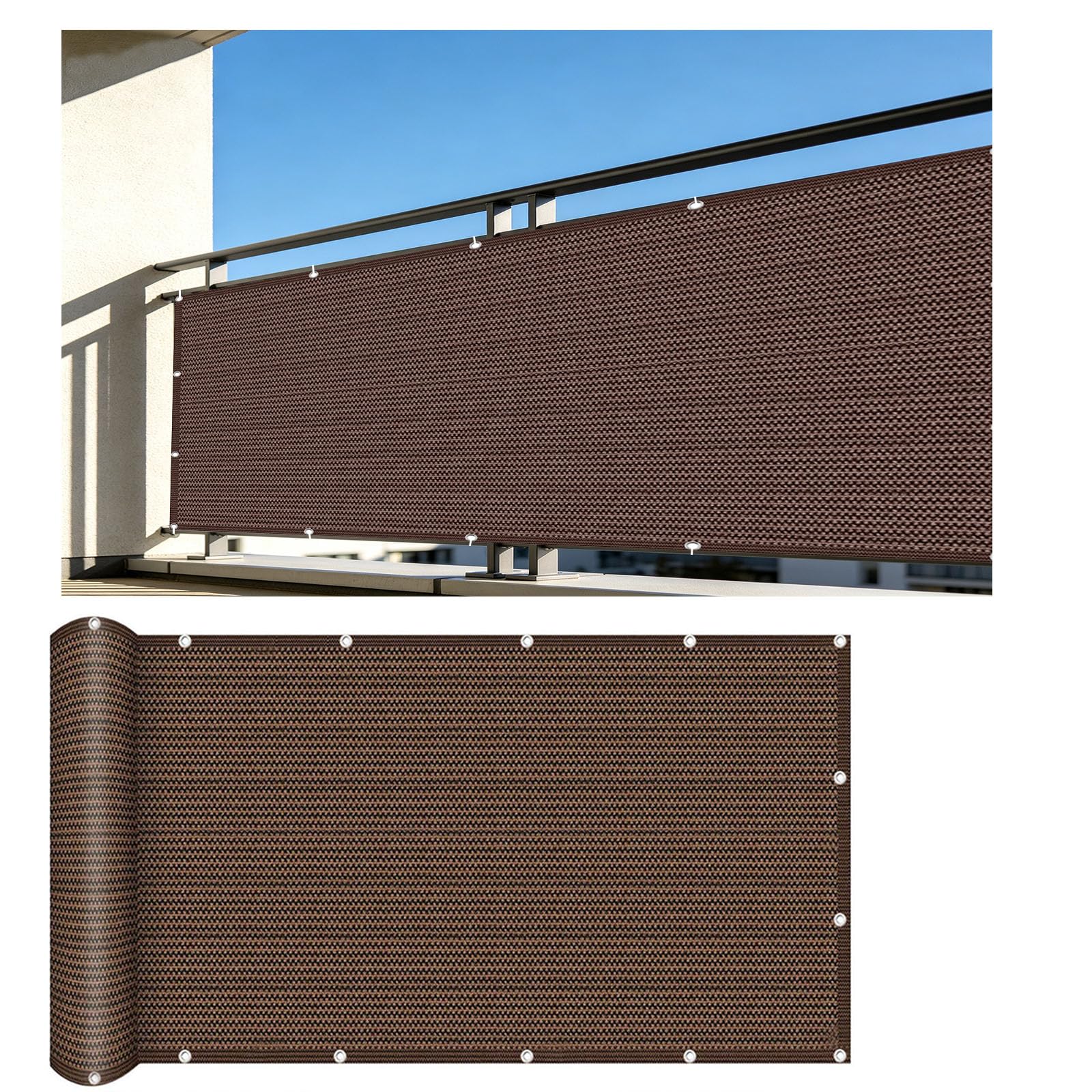 Cache balcon 110 x 500 cm HDPE brun avec œillets de fixation pour extérieur