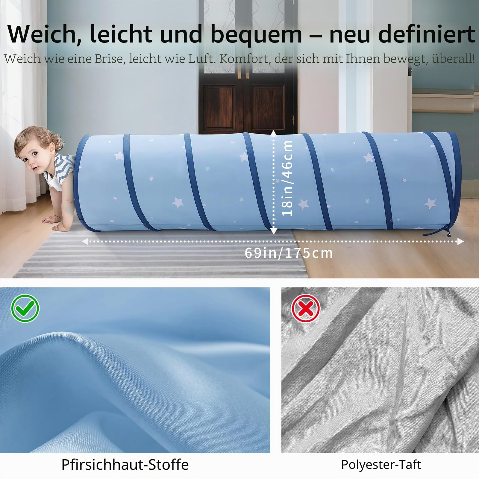 Pop-up Spieltunnel Krabbeltunnel für Kinder: 175×46cm Faltbarer Pfirsichhautgewebe Tunnel mit Aufbewahrungstasche für drinnen draußen – Weihnachts Geburtstagsgeschenk für Jungen Mädchen