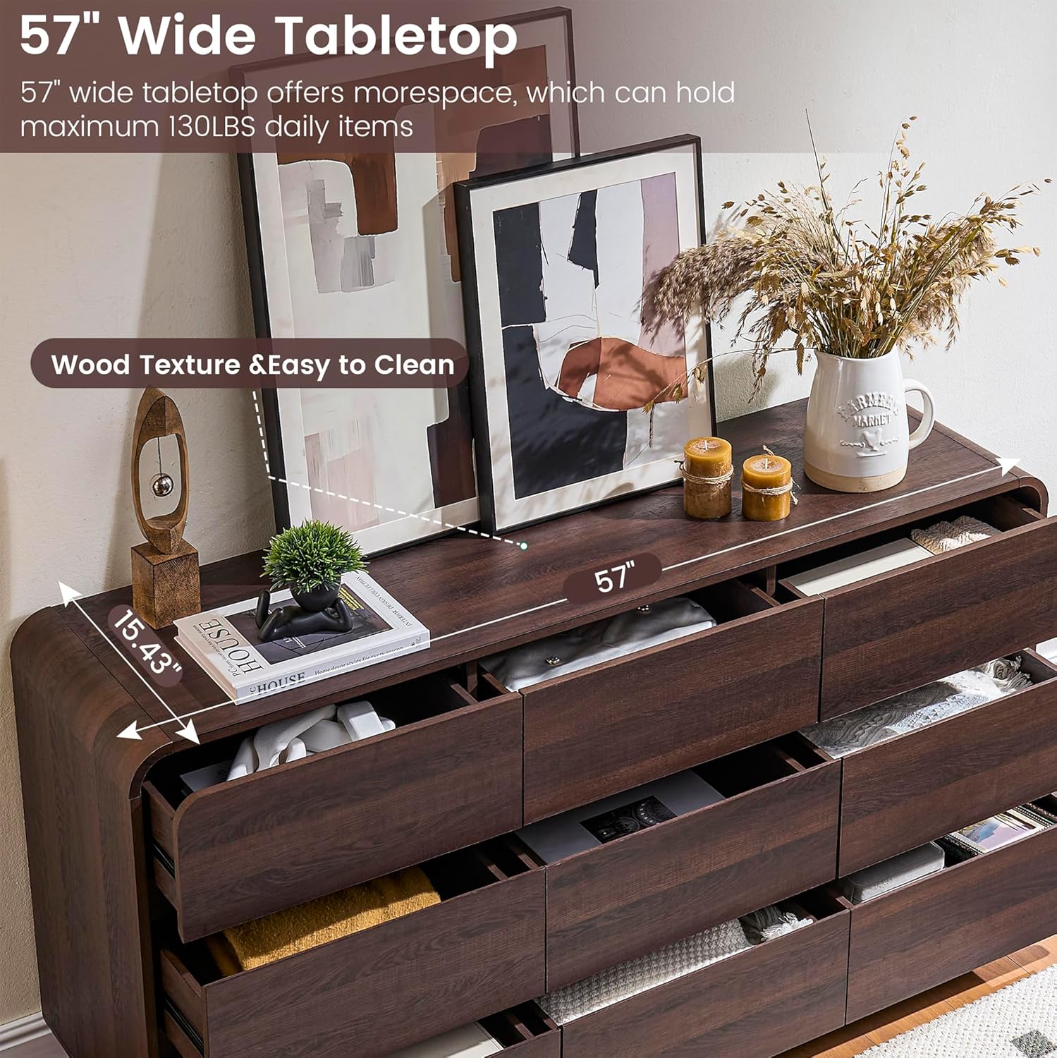 Modern Walnut 9-Drawer Curved Dresser - Bedroom Storage Chest 57"W