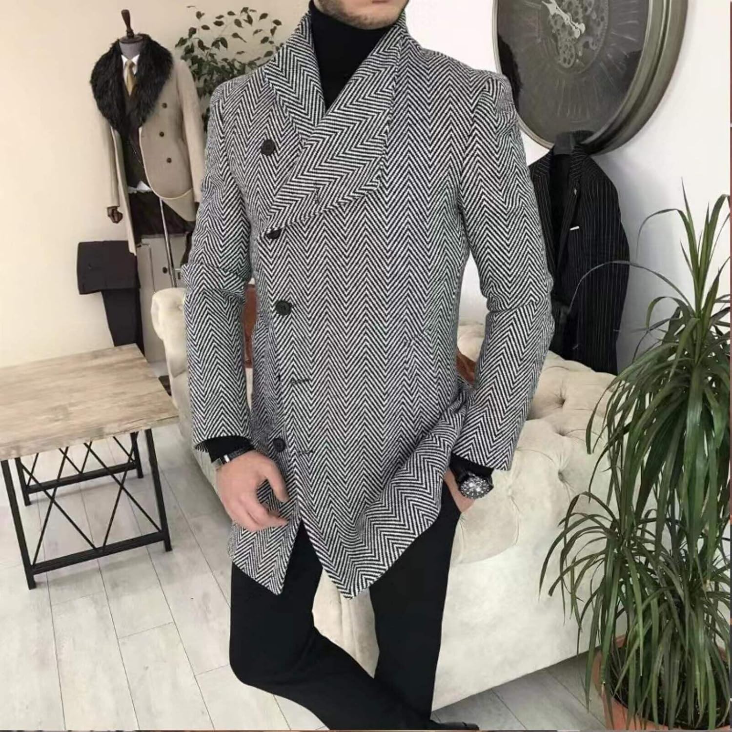 Men's Plaid Long Trench Coat Mid - Length Lapel Collar Button Down Warm Overcoat for Winter & Autumn Fashion - Image 5