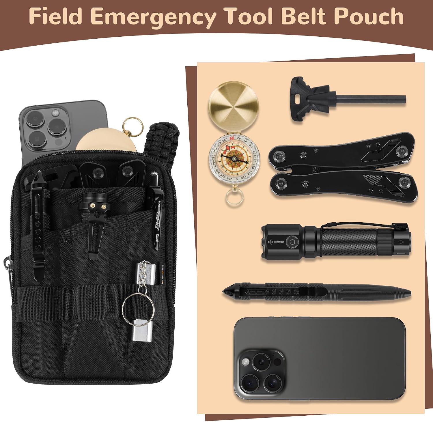 Likesing Pocket Tool Pouch, Oxford Pocket Organizer with Removable Strap | EDC Belt Organizer with 6 Pockets and 3 Slots, Small Tool Pouches EDC Pouch for Men, Molle Duty Belt Pouch Gadget Organized