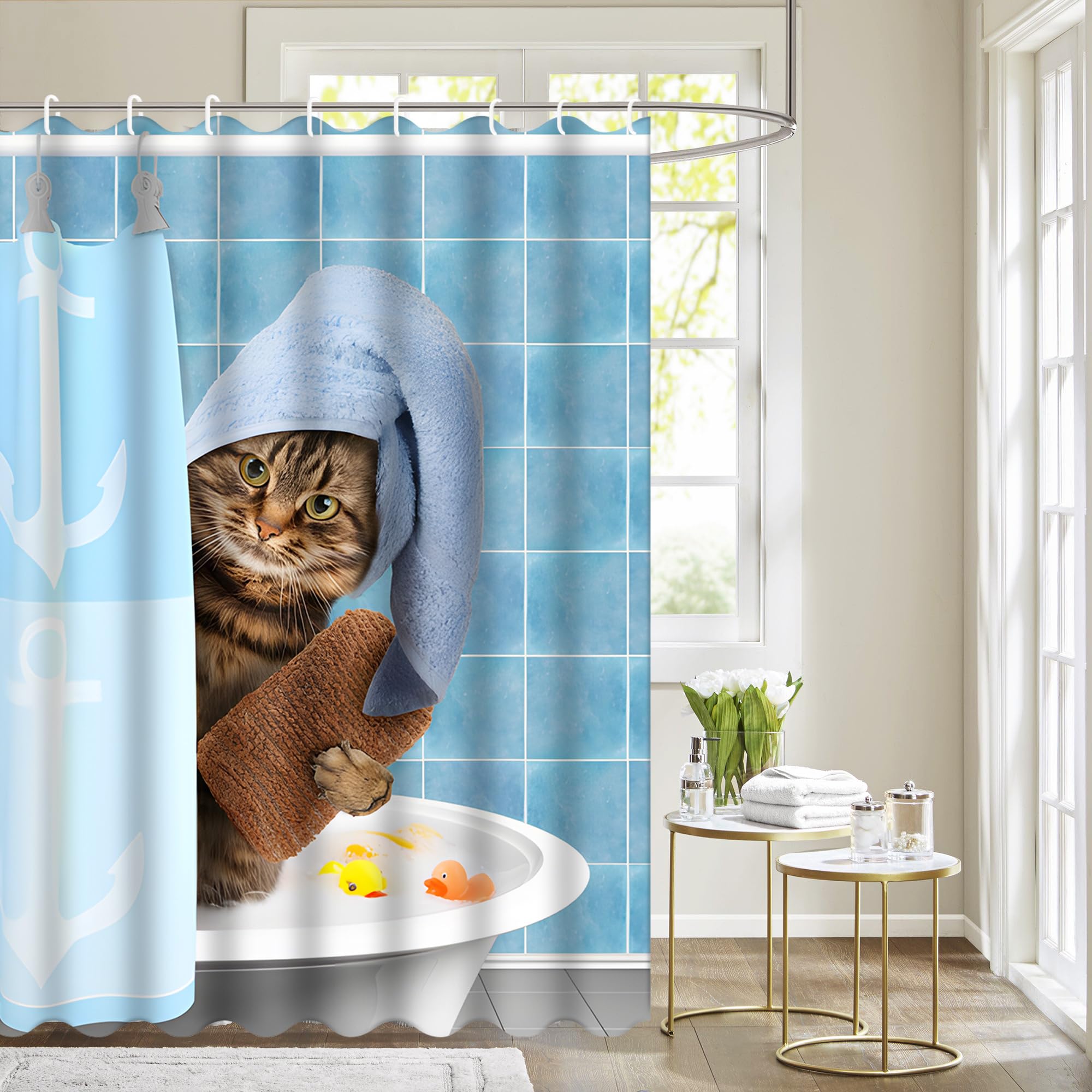 Tenda da doccia con gatto, 180 x 180 cm, impermeabile, antimuffa, con 12 ganci per doccia, blu, divertente, per vasca da bagno, doccia, per bambini, lavabile, in poliestere, per vasca da bagno