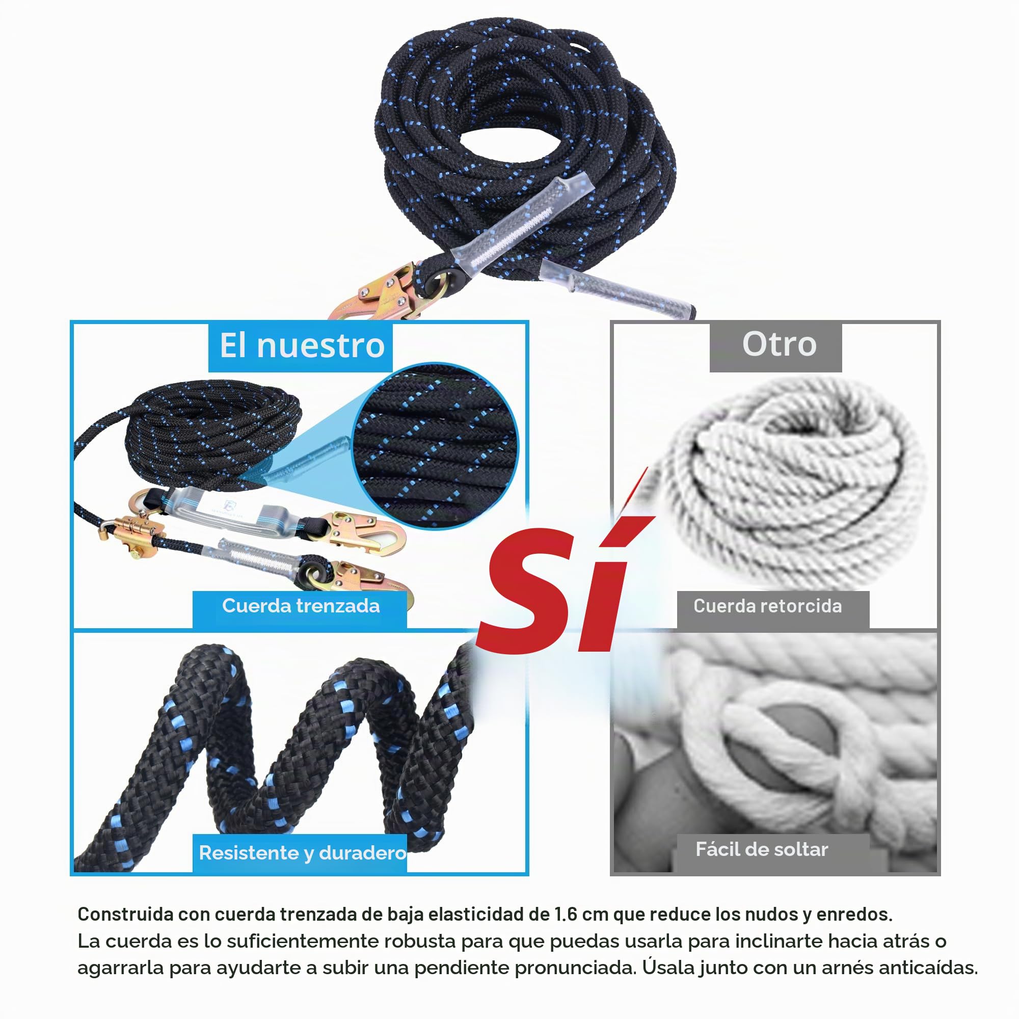 Conjunto de línea de vida vertical de 50 pies con cuerda de acero de aleación, ganchos a presión, amortiguador de golpes, equipo de seguridad de cuerda de protección contra caídas, kit de
