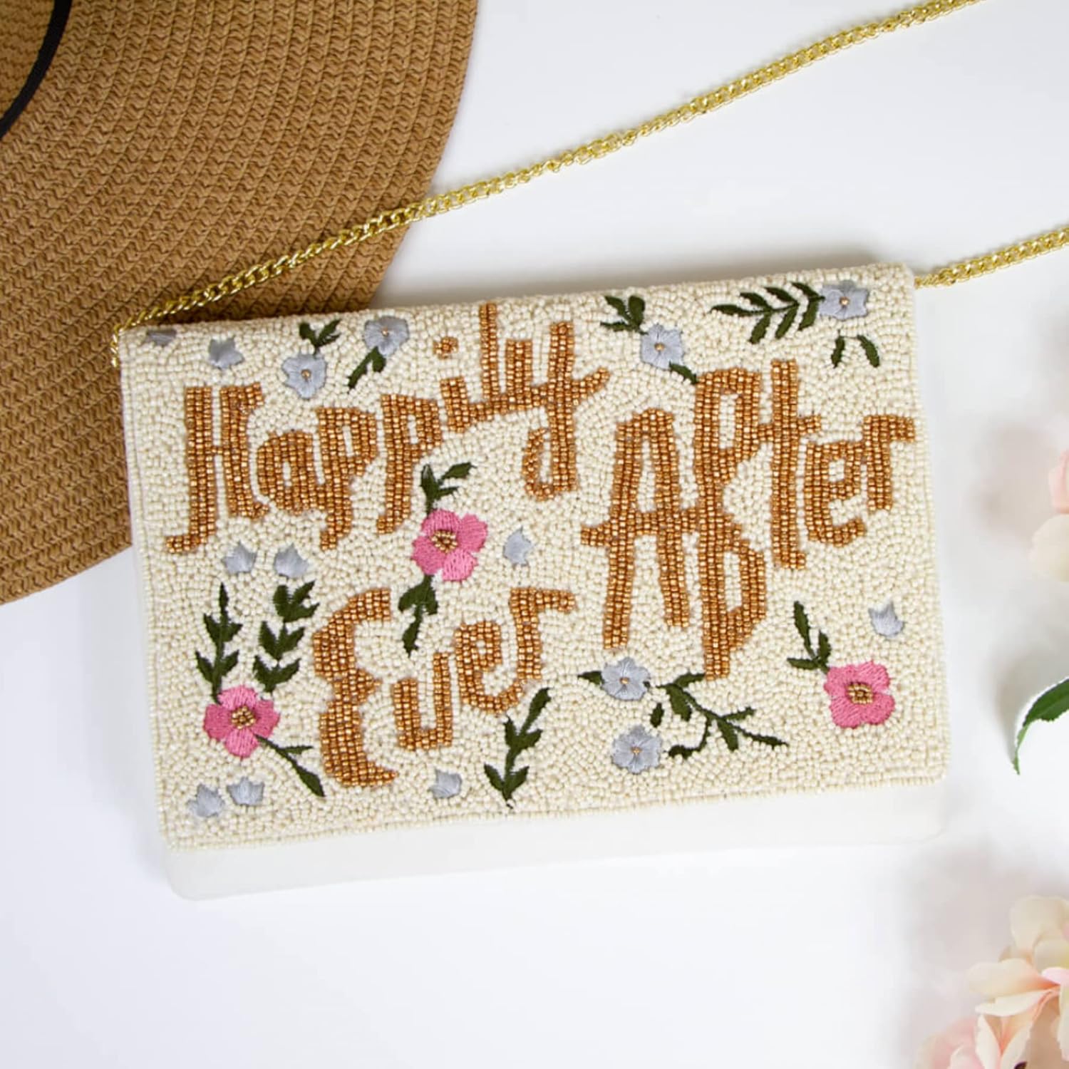 HAPPILY EVER AFTER Clutch Purse for Wedding Day Beaded for Bachelorette Party, Bridal Purse Bridal Shower GIfts & Engagement Gifts for Bride To Be