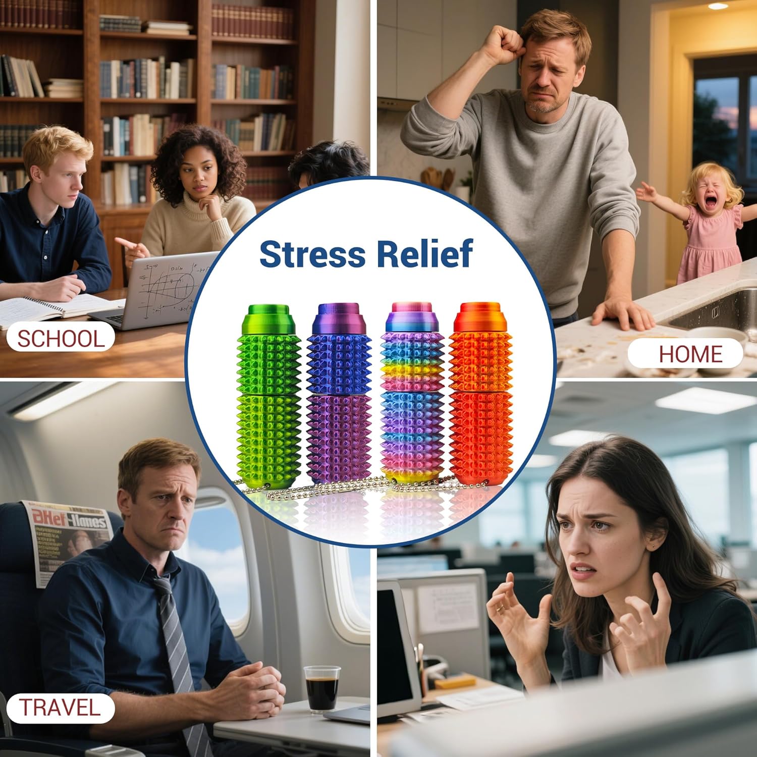 Button Click Spinner with Smooth Bearing, 3-in-1 Design of Little Ouchies Fidget, Pocket-Sized Mini Pain Stim Fidget Toy for Adults, Spiky Grippie Stim Keychain for Anxiety Relief