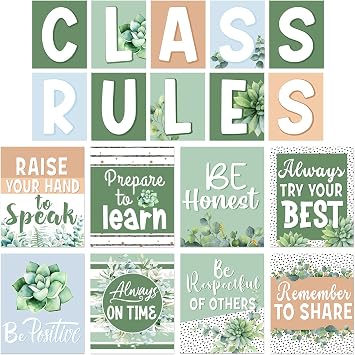 Janlaugh 18 Pcs Class Rules Poster Set Greenery Plant Poster Decorations Back to School Bulletin Board Eucalyptus Classroom Decor Motivational Theme Class Decor for Preschool Classroom Wall Decoration