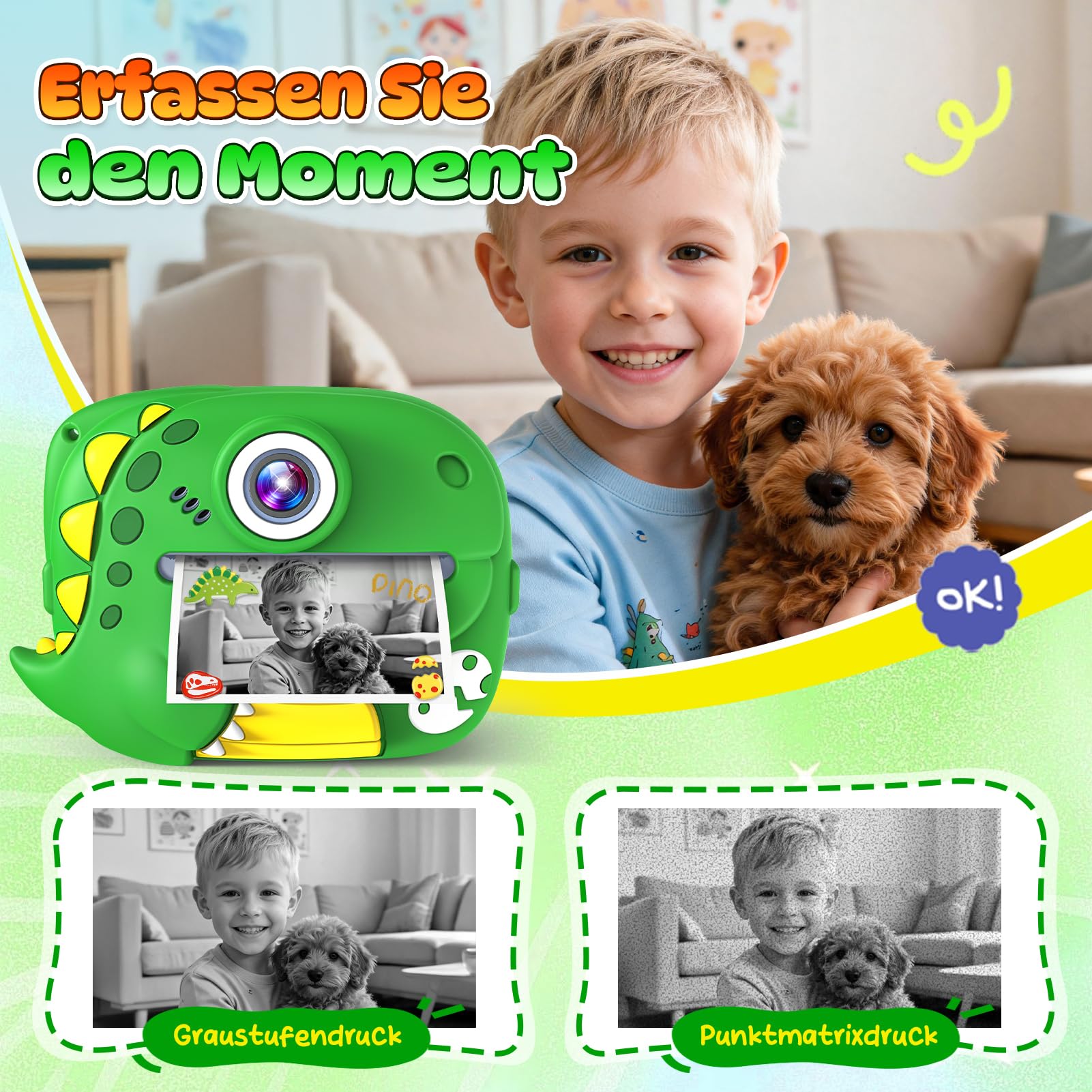 Wootoyz Kinderkamera Sofortbildkamera, Digitalkamera für Kinder Dinosaurier Spielzeug ab 3 4 5 6 7 8 Jahren Junge Geschenkideen Kinderkamera Junge 4 5 6 7 8 Jahre Spielzeug ab 3-12 Jahre