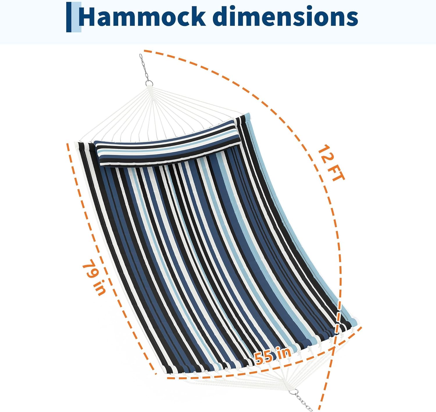 12 FT Double Quilted Fabric Hammock with Spreader Bar & Detachable Pillow, 450 LBS Capacity 2 Person Hammock, Indoor Outdoor for Patio Backyard Poolside Garden