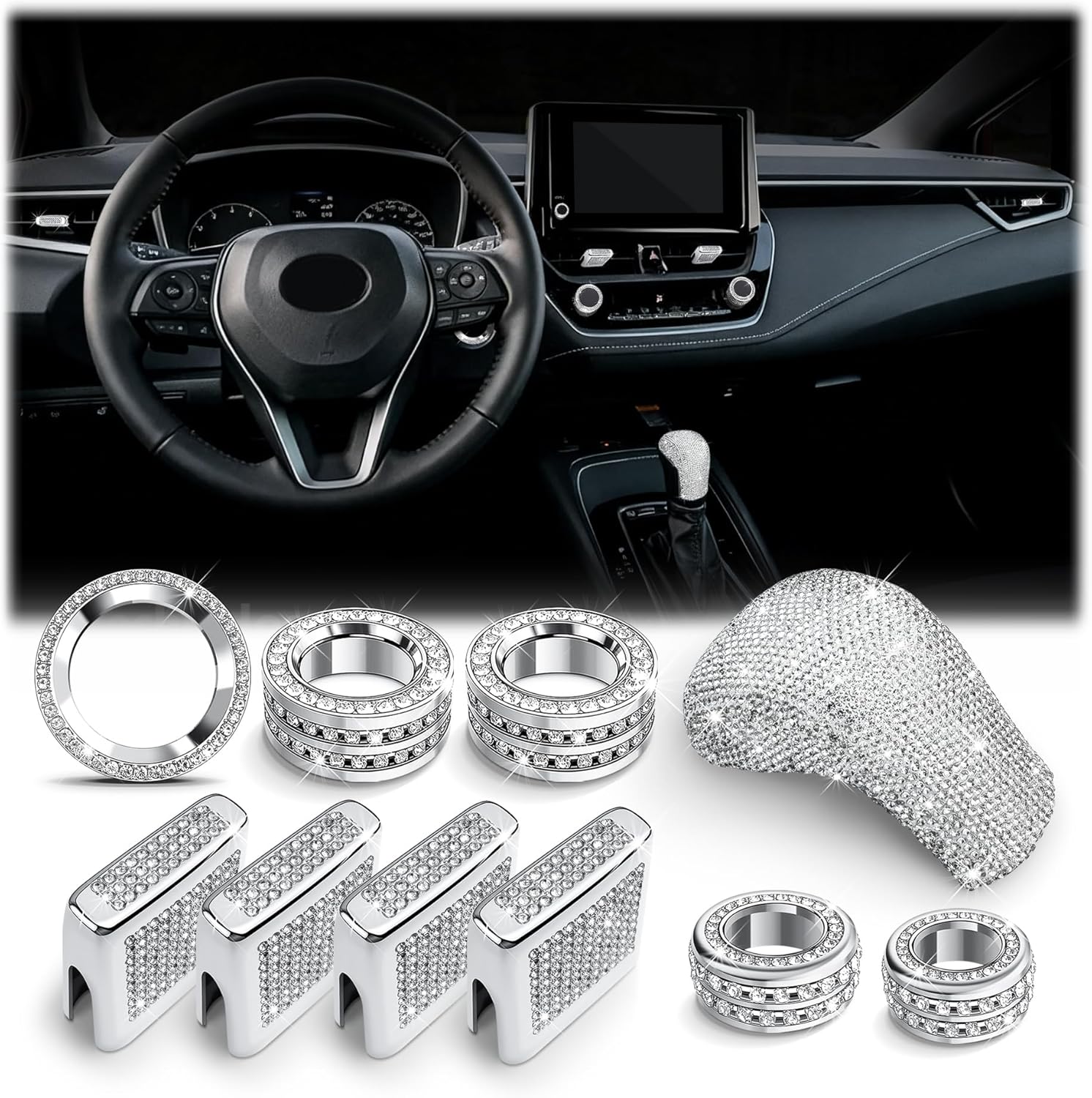 10PCS Crystal Knob Cover Trim Set - Zinc Alloy Rhinestone Interior Bling Accessories, Stylish Control Knob Caps Compatible with 2019-2026 Toyota Corolla & 2022-2026 Corolla Cross
