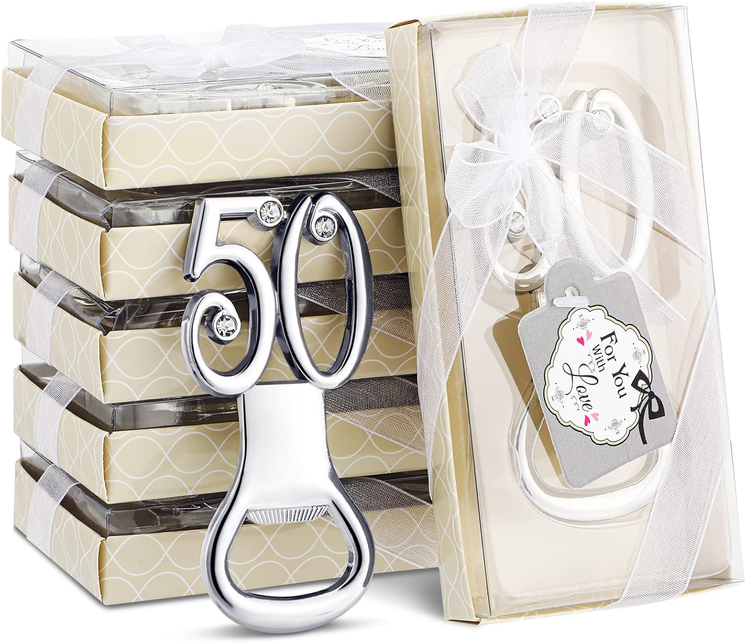 Uiifan 50 Pack Silver Bottle Opener Birthday Party Favors Opener for Guests with Tags Wine Beer Opener Birthday Wedding Anniversaries Souvenirs Favors Gifts Decorations for Guests(50th)