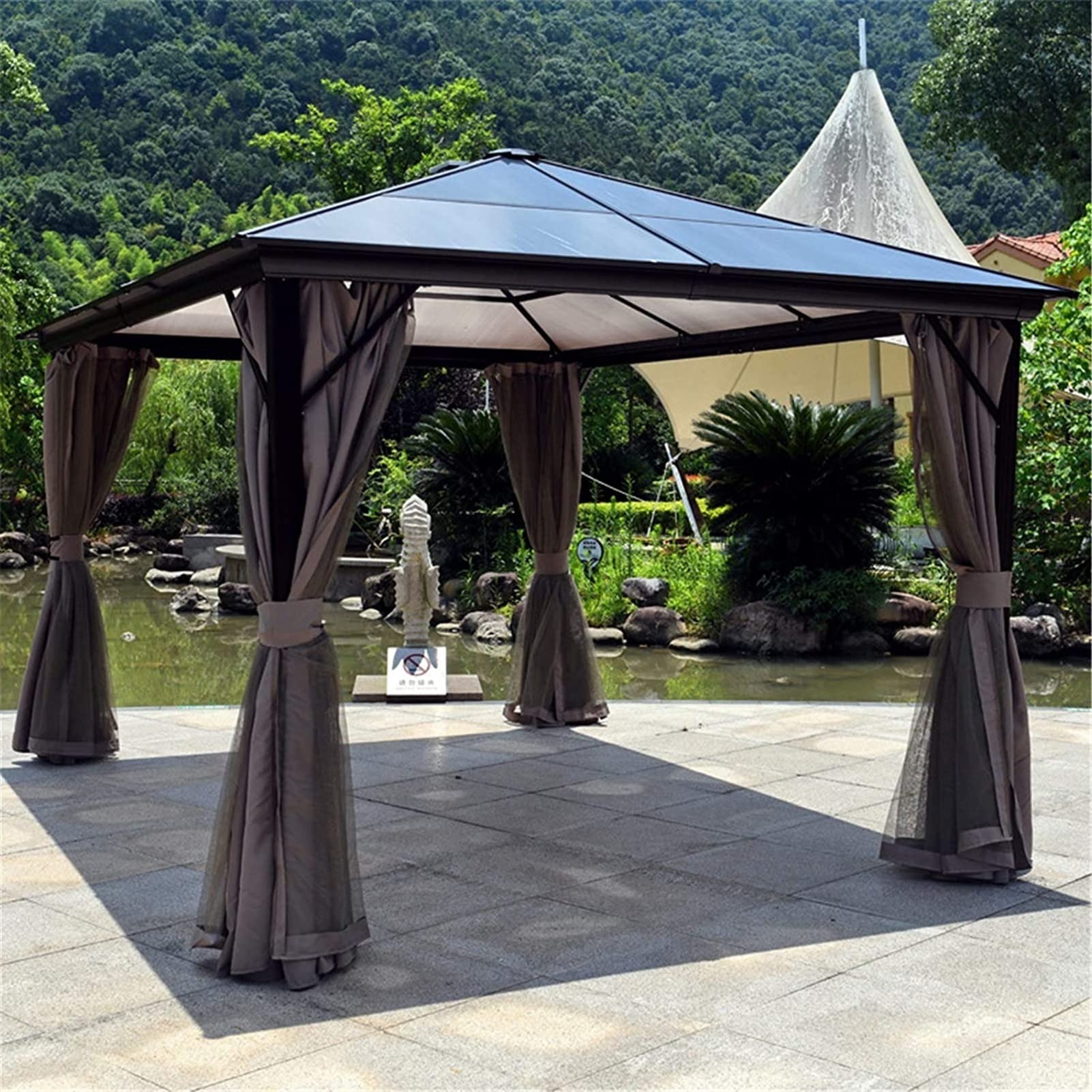 Gazebo 3x3 m in acciaio nero con telo grigio e tende laterali